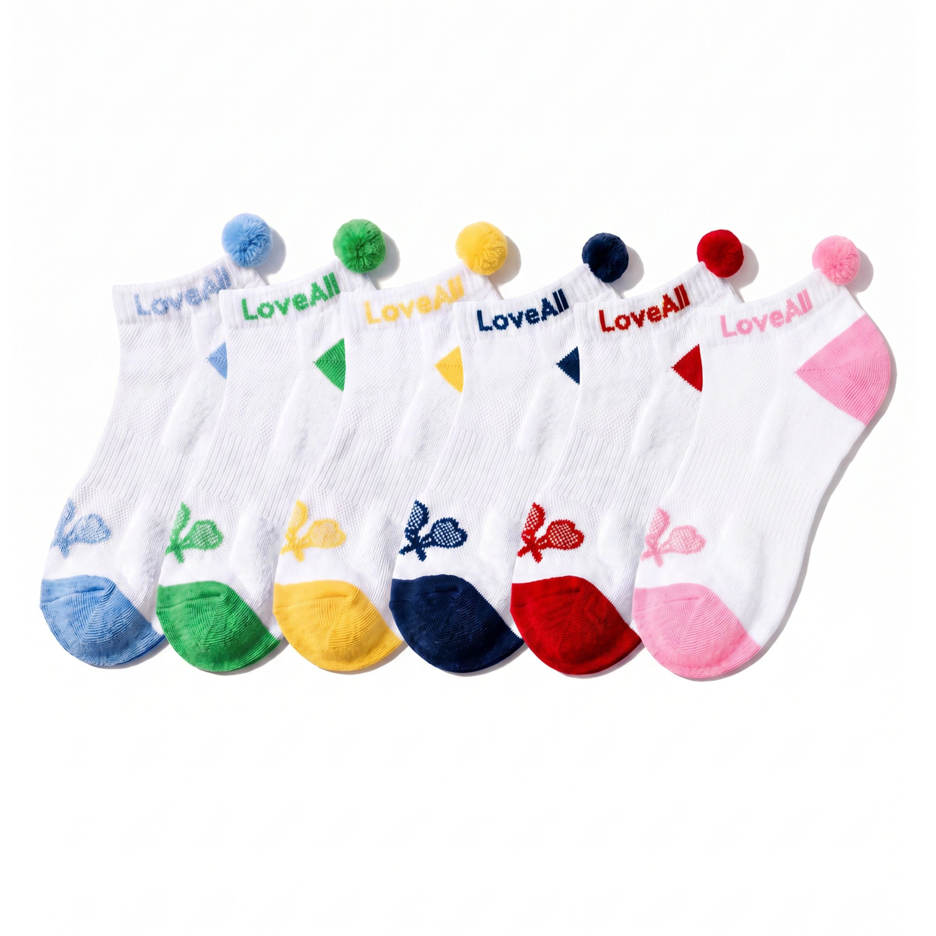 Love All Tennis Pom Pom Sock 3-Pack - Cotton Blend, Ribbed Fit