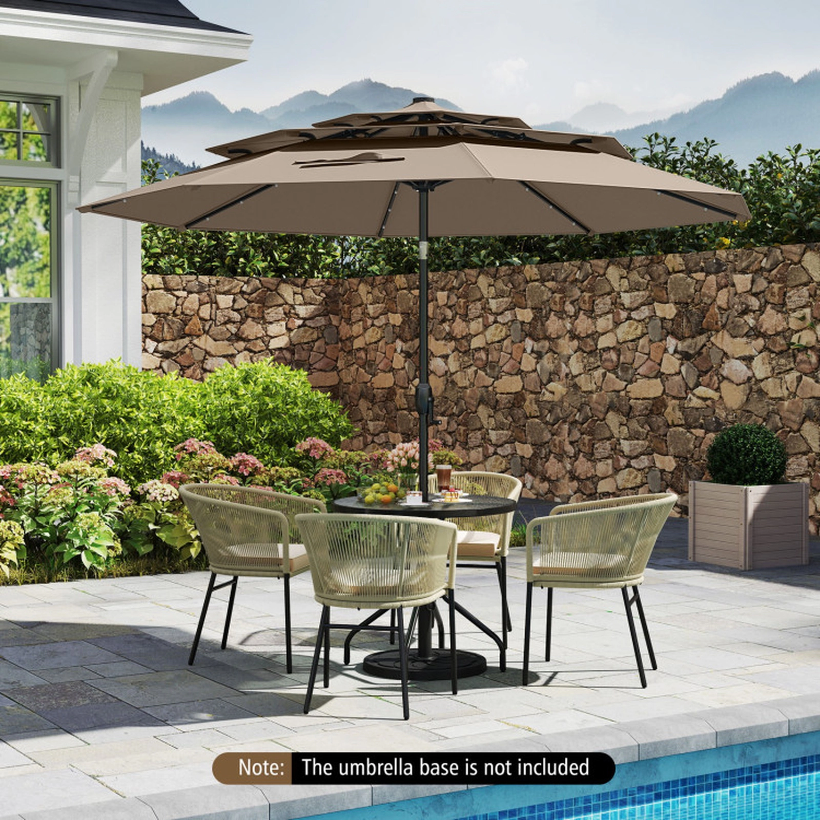 SUGIFT Taupe Solar Patio Market Umbrella with 3-Tier Vented Top and 32 LED Lights 10-ft Dia 8.2-ft H