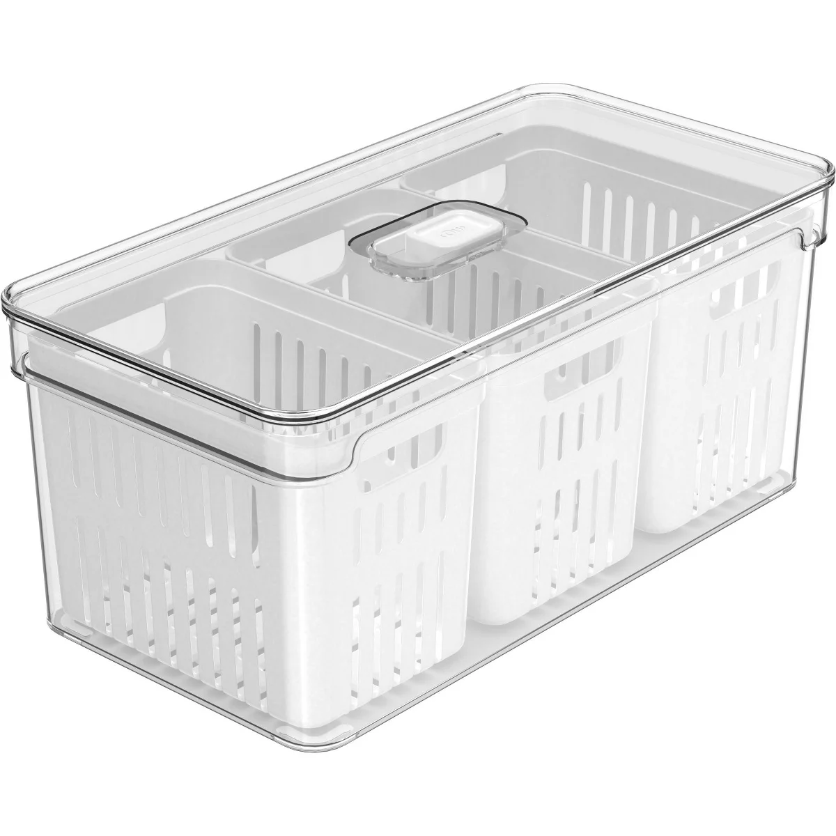 OU Fridge Organizer Bin w/ Drain Baskets & Vented Lid, 5.3qt Clear Stackable Refrigerator Storage Container, BPA Free