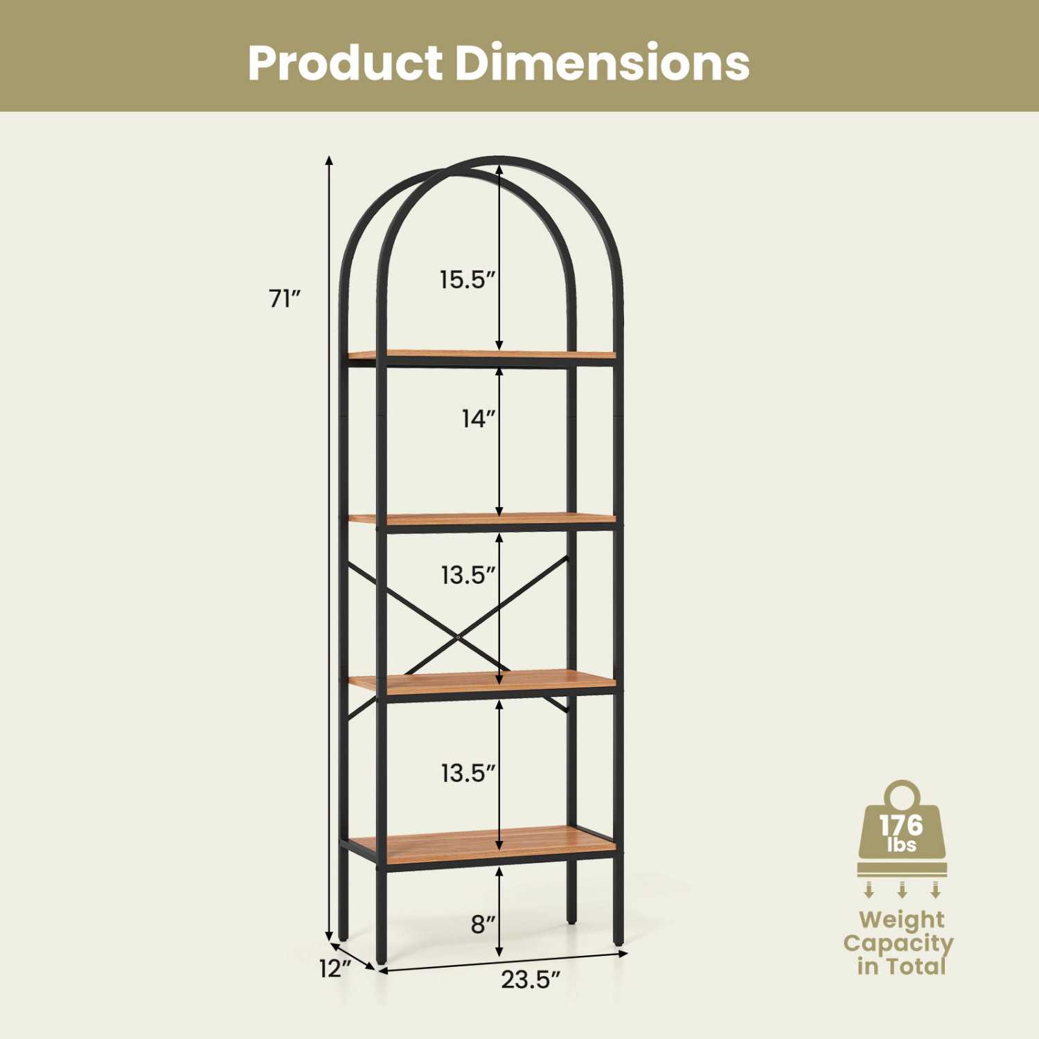 LJG 71" Tall Arched Bookcase 4-Tier with Storage Shelves & Metal Frame for Home Office