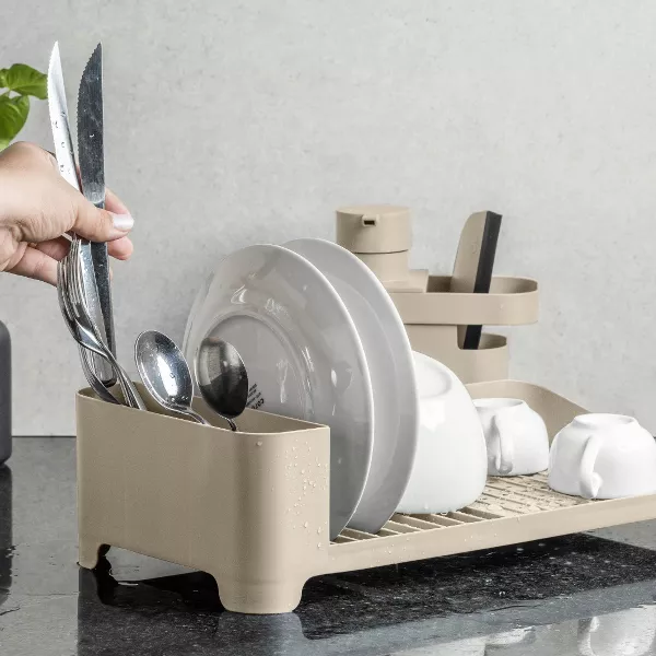 OU Dish Drying Rack Freestanding Polypropylene w/ Utensil Holder, Compact Kitchen Drainer 16" x 8"