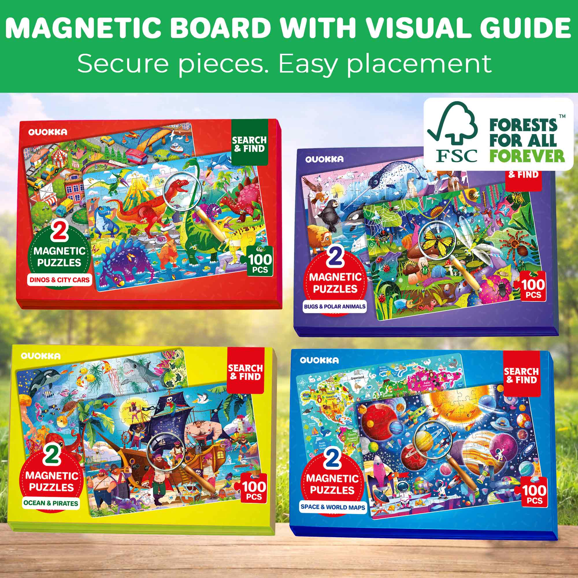 QUOKKA Magnetic Puzzle Book for Kids Ages 3–5, 100-Piece Travel Puzzle Set with Ocean, Space & Dinosaur Themes