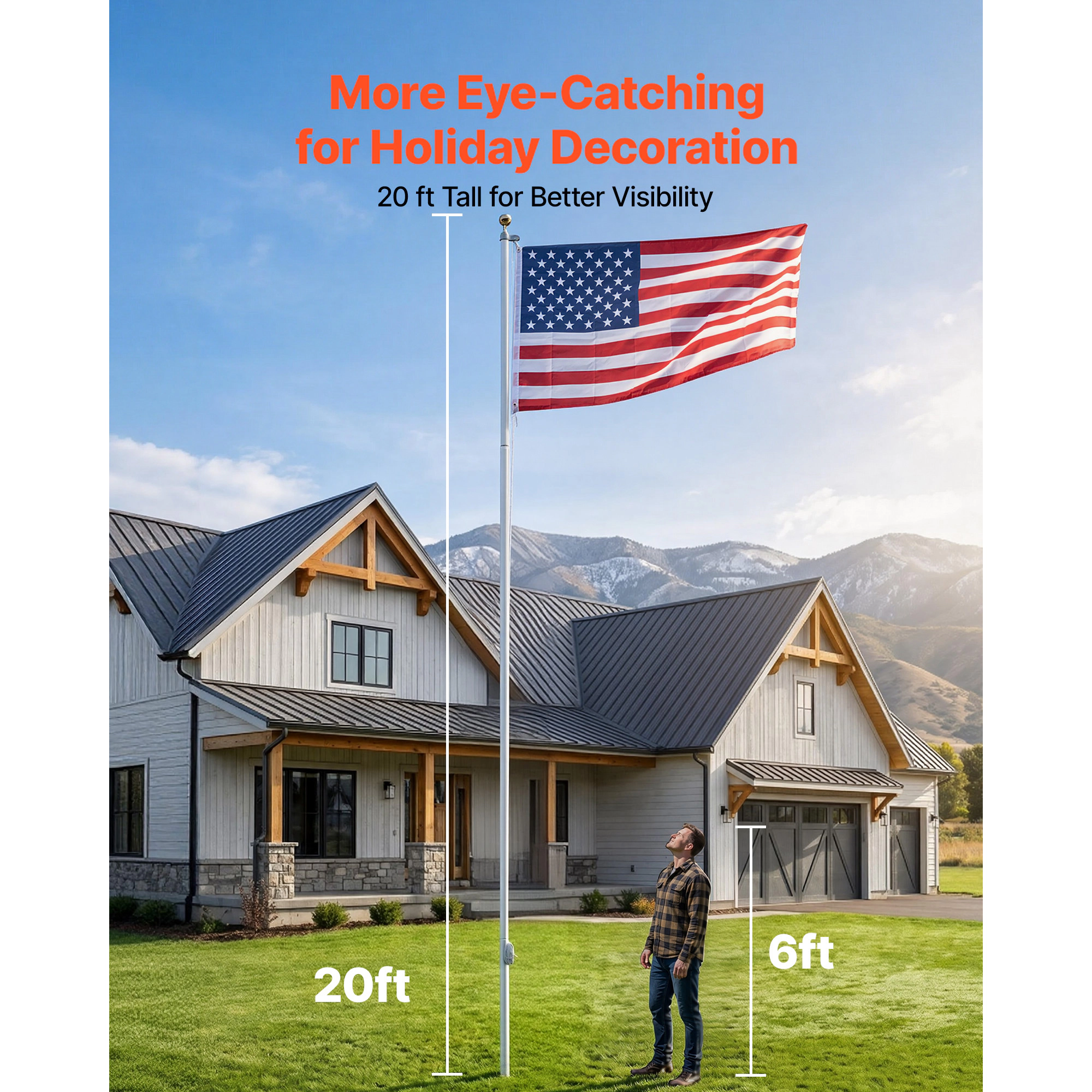 HONGGE 20 ft Sectional Flag Pole Kit, Heavy Duty Aluminum In-Ground Flagpole with 3x5 American Flag
