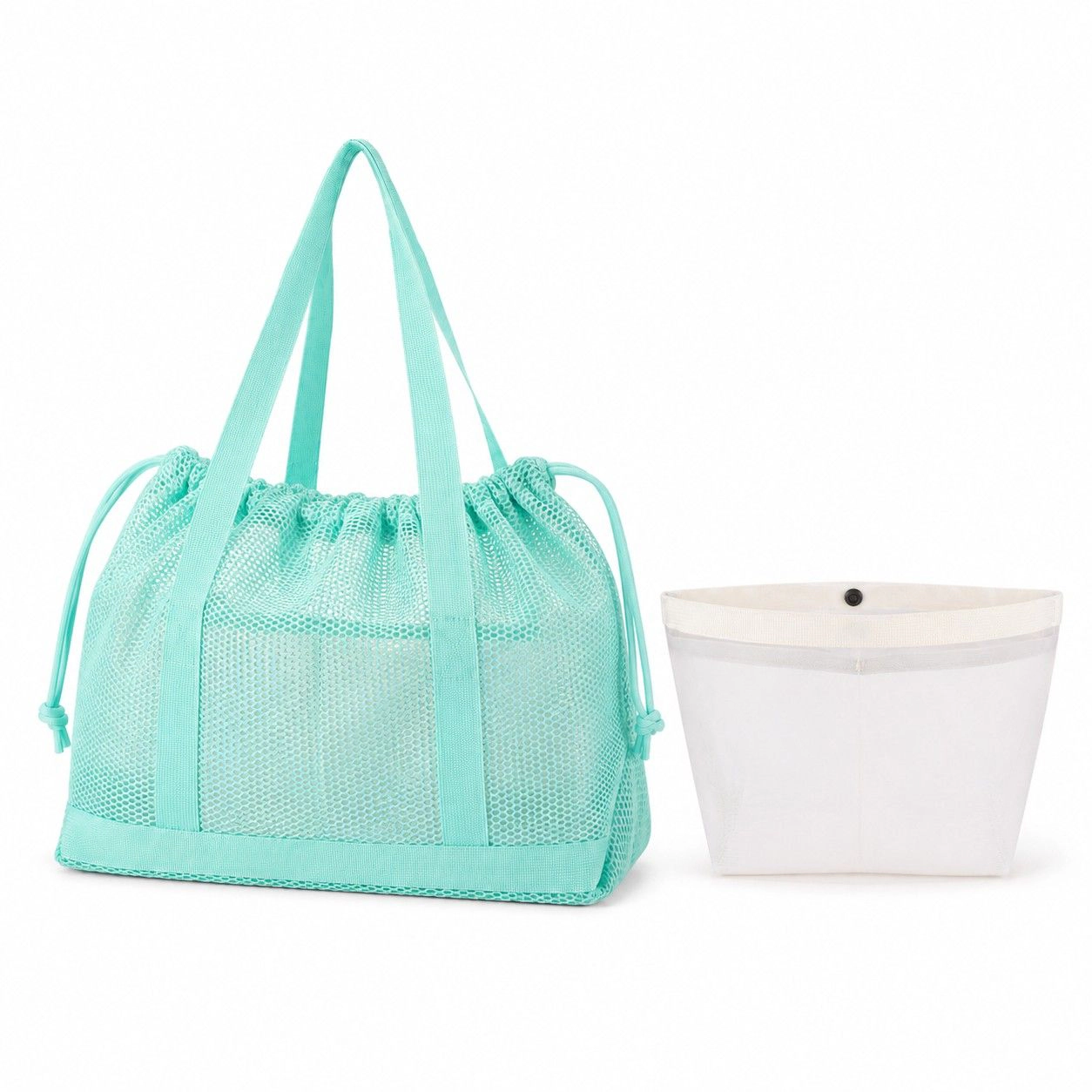 Alilang Women's Mesh Drawstring Tote Bag with Carry Handles and Organizer Pouch, Mint Green