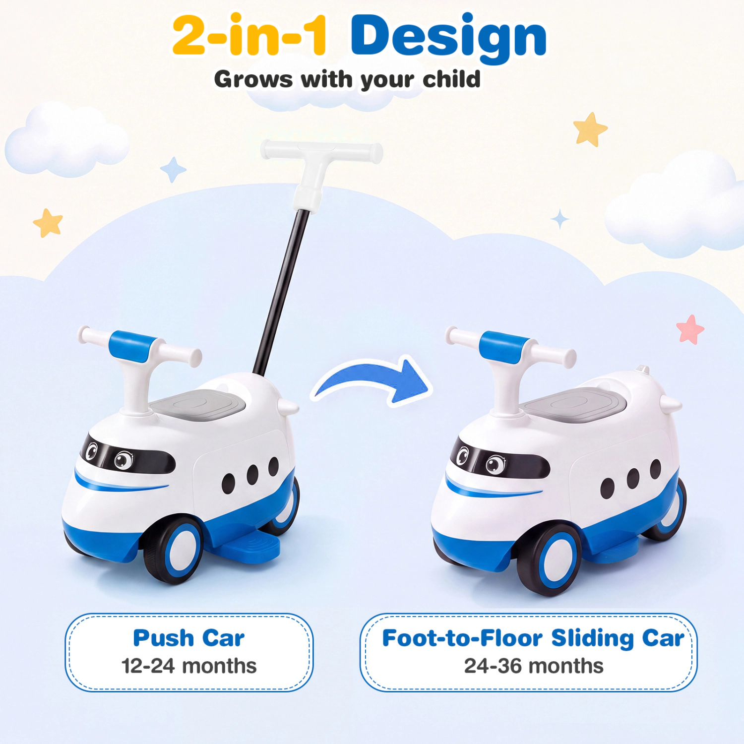 LJG 2-in-1 Ride on Push Car for Toddlers 1-3 Years Old with Horn