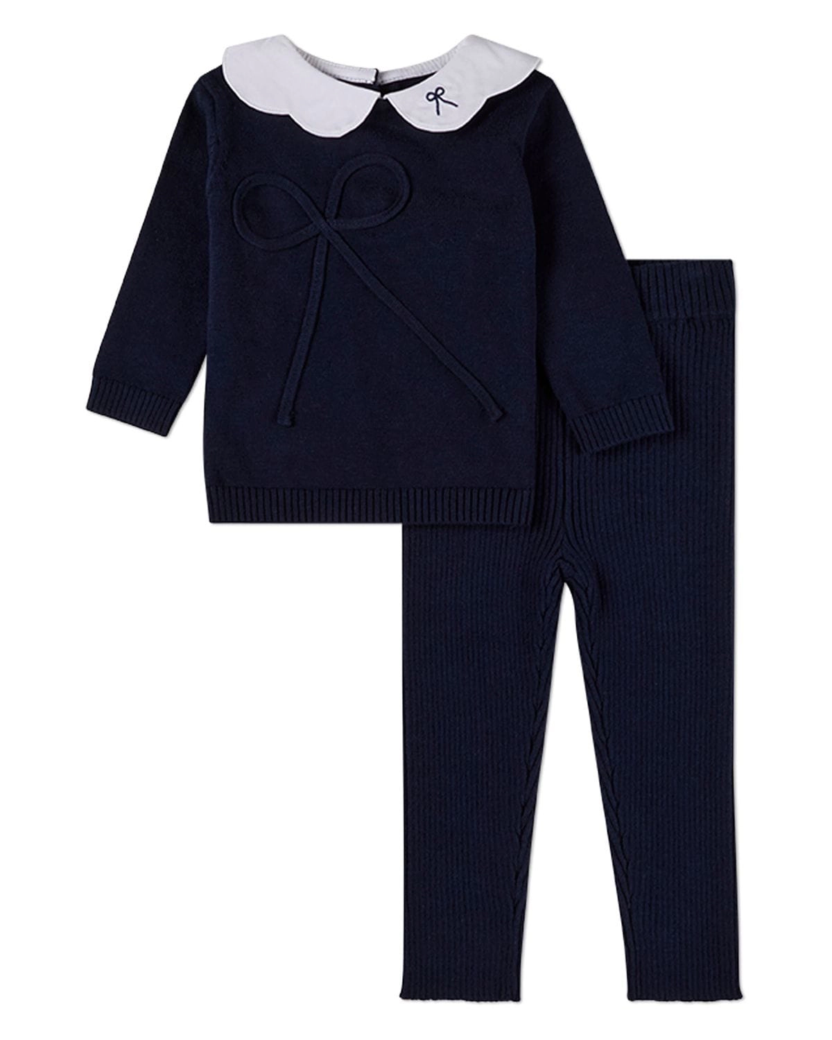 Memoi 2 Piece Baby and Toddler Girls Pop-Collar Cotton Knit Bow-Trim Set