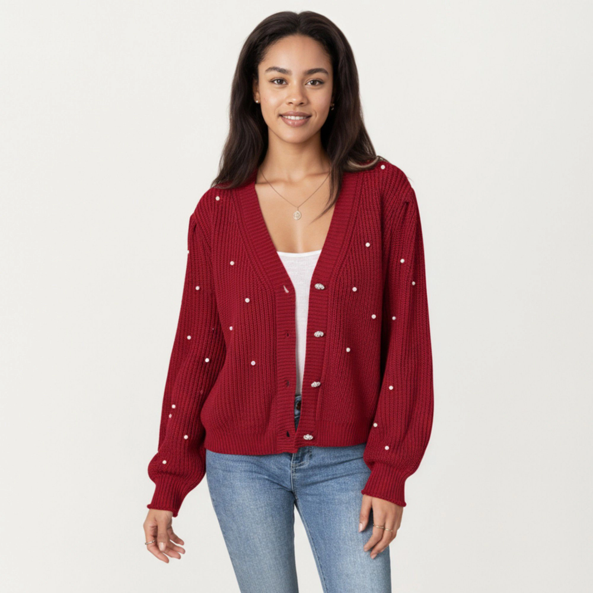 Anna-Kaci Women's Long Sleeve Button-Up Knit Cardigan with Faux Pearl Embellishments and Ribbed Hem