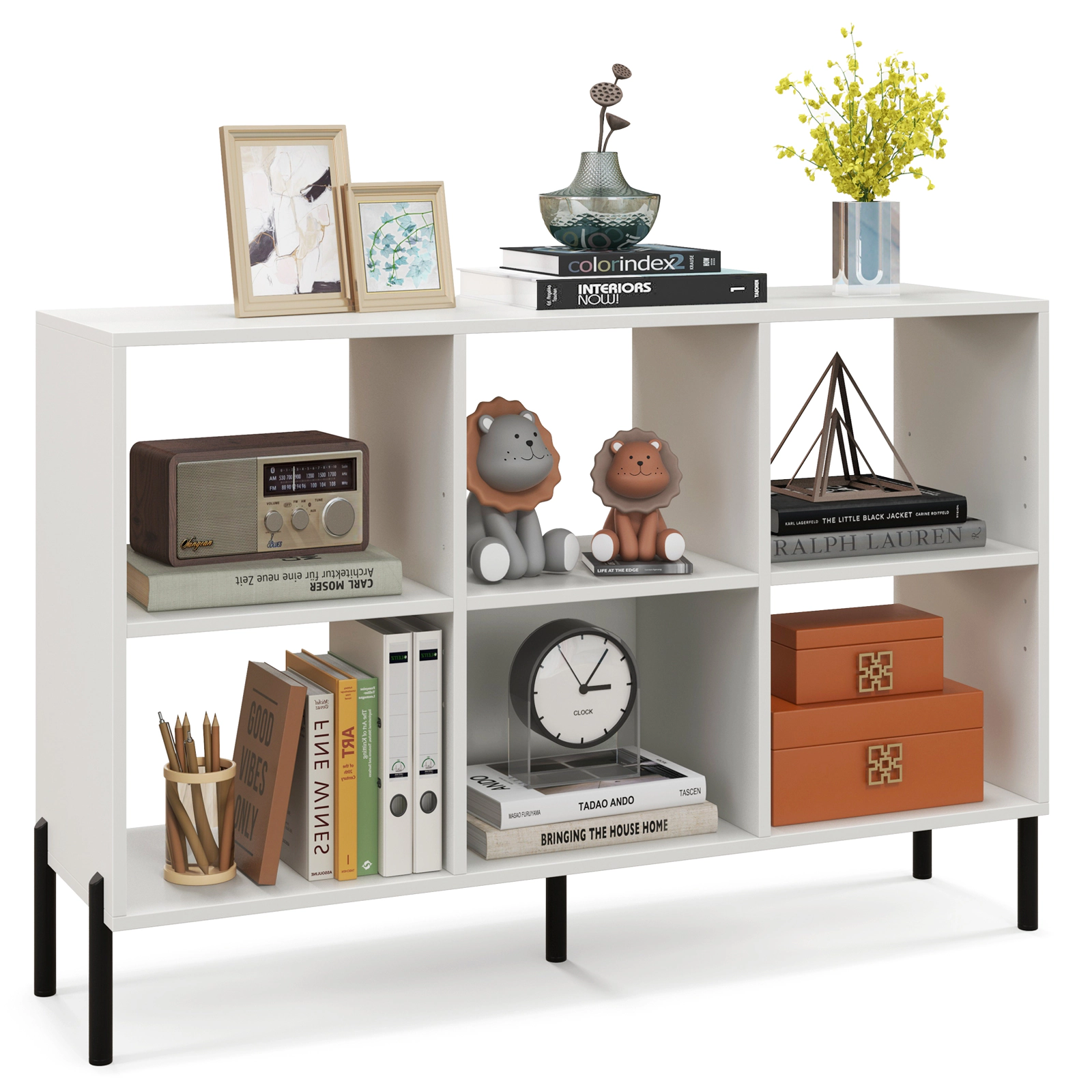 SUGIFT 3-Tier White Open-Back Low Bookshelf with 2 Adjustable Shelves and 135-lb Tabletop for Study