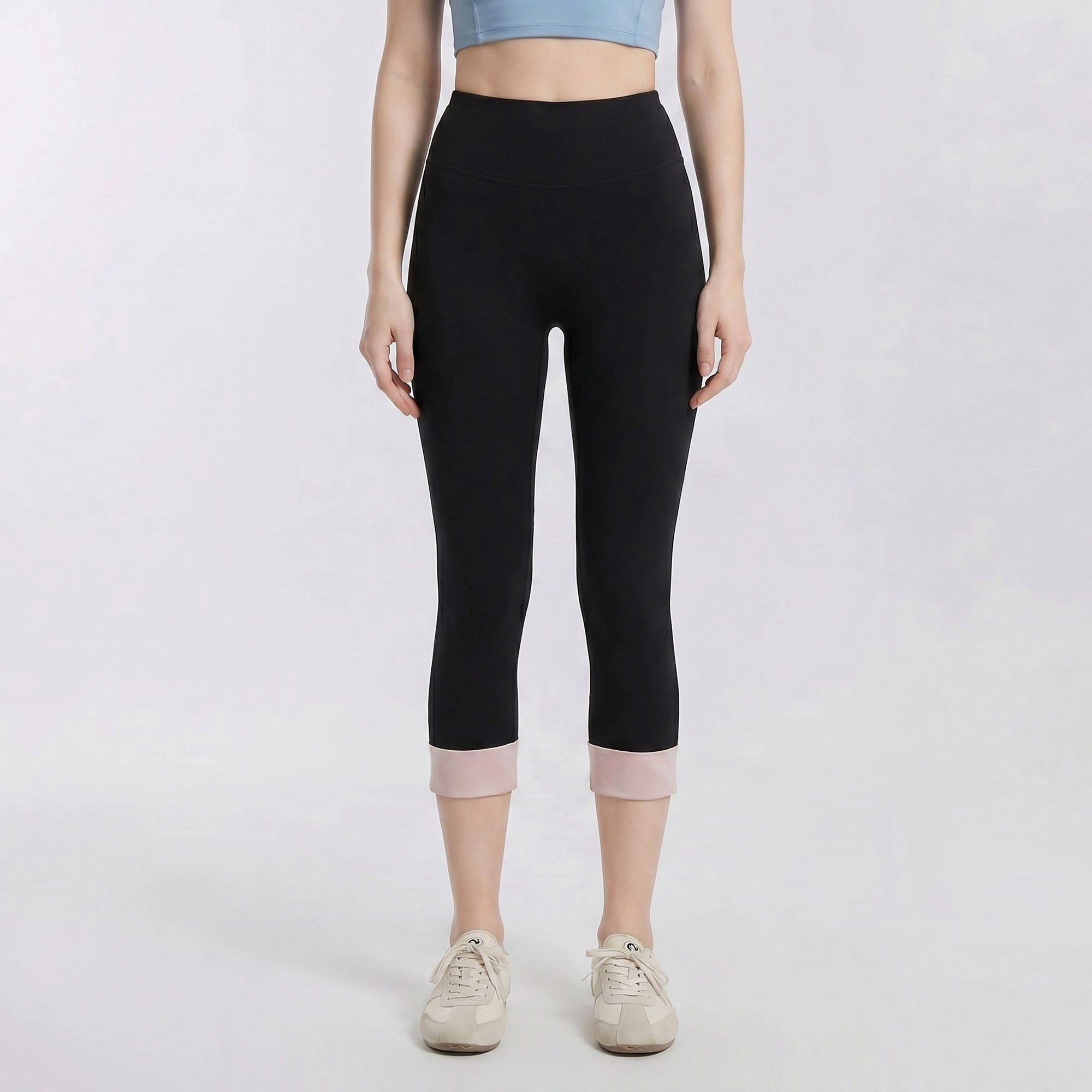 Anna-Kaci Women's High-Waist Capri Leggings with Folded Cuff Hem Wide Waistband Smooth Stretch Yoga Pants