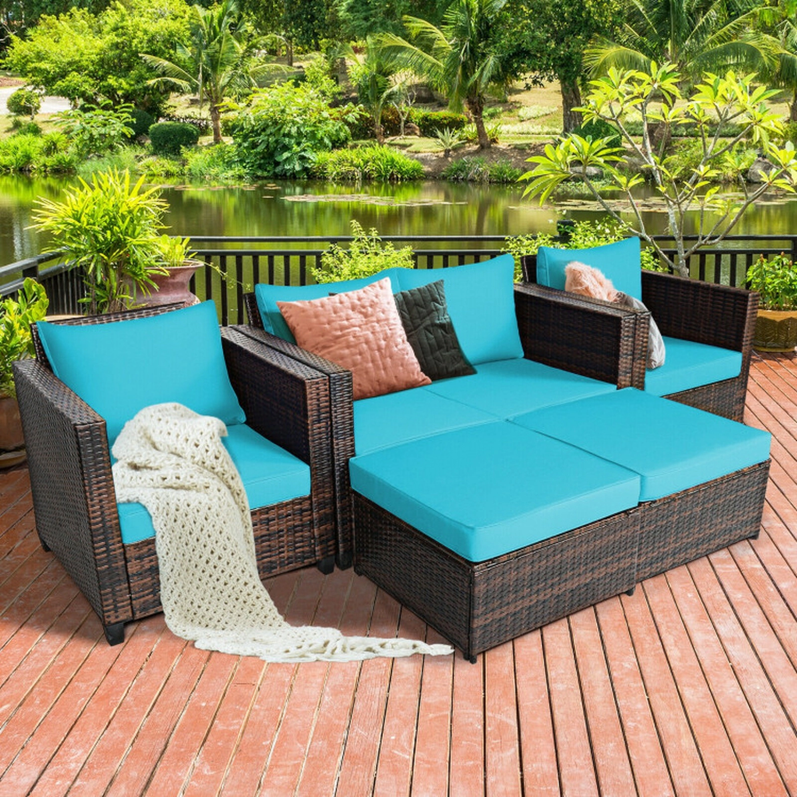 SUGIFT Turquoise 2 Ottomans and Cushions 5-Piece Patio Rattan Sectional Sofa Set