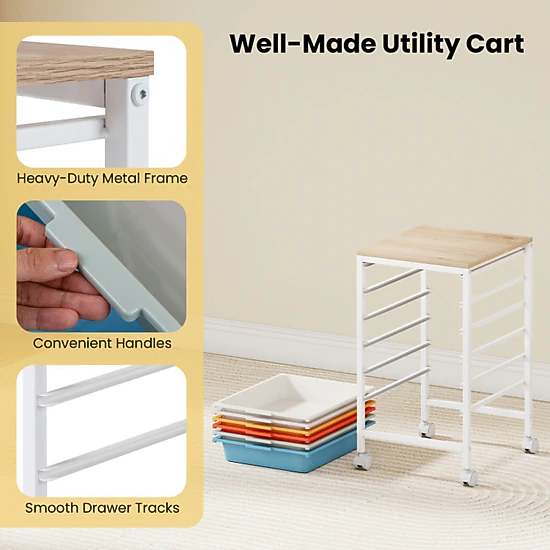 SUGIFT 6-Drawer Rolling File Storage Cart with Wooden Tabletop 35-lb Capacity 14.5-in Wide Natural + White/Macaron