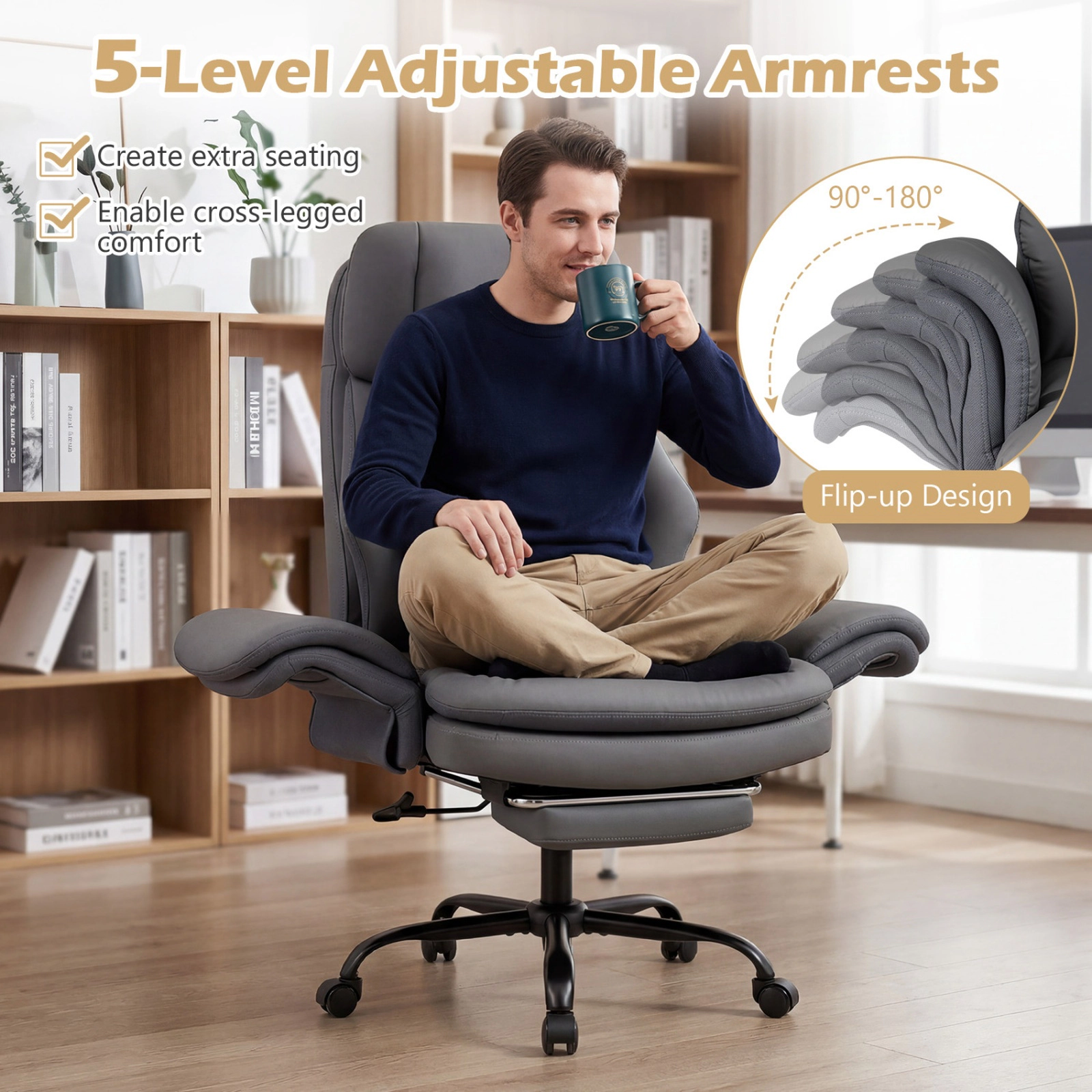 SUGIFT Ergonomic Cross Legged Executive Office Chair 500-lb Capacity with Retractable Footrest Gray