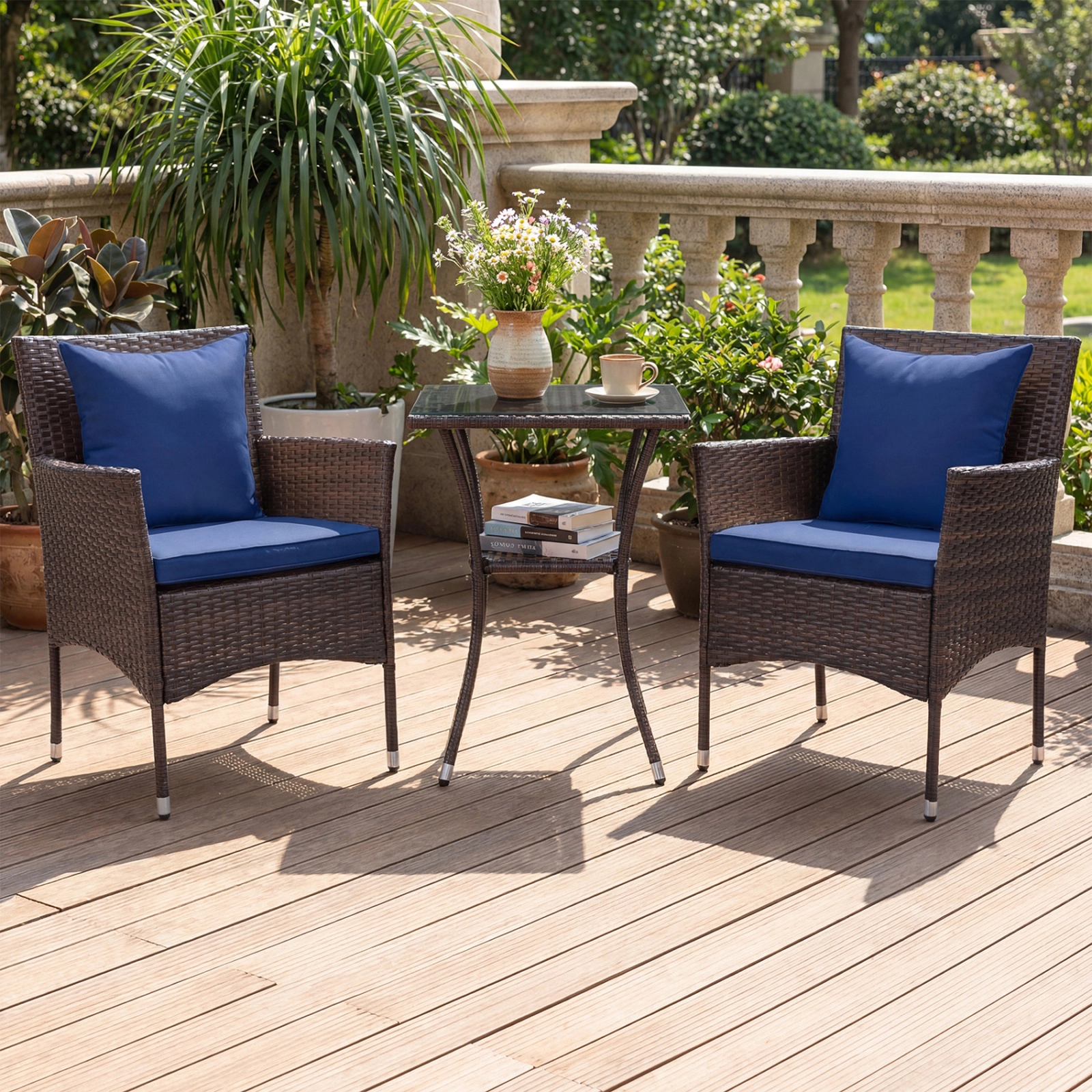 SUGIFT 3-Piece Navy Outdoor Wicker Bistro Set with Cushioned Chairs and 2-Tier Glass Table