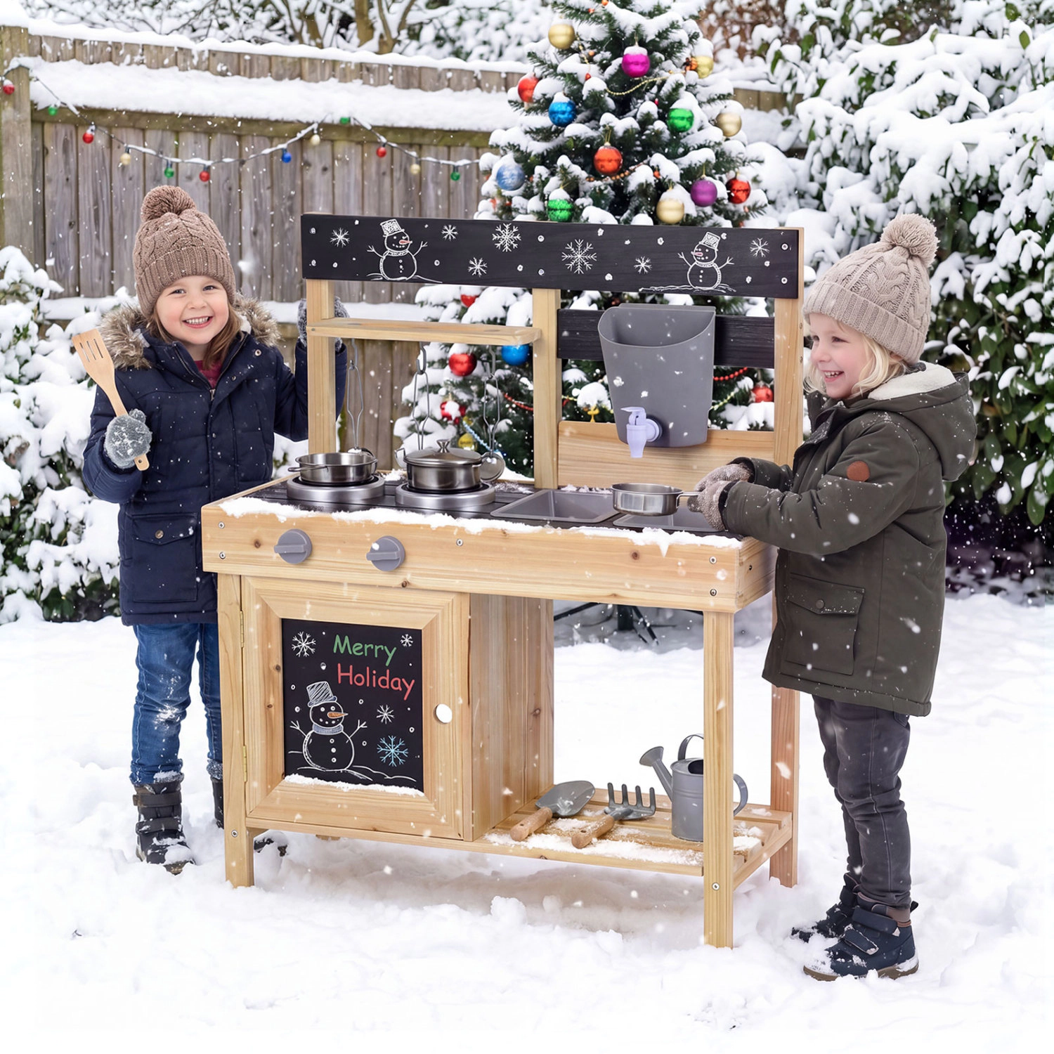 LJG Mud Kitchen Playset Kids Play Kitchen Outdoor with 2 Removable Sinks