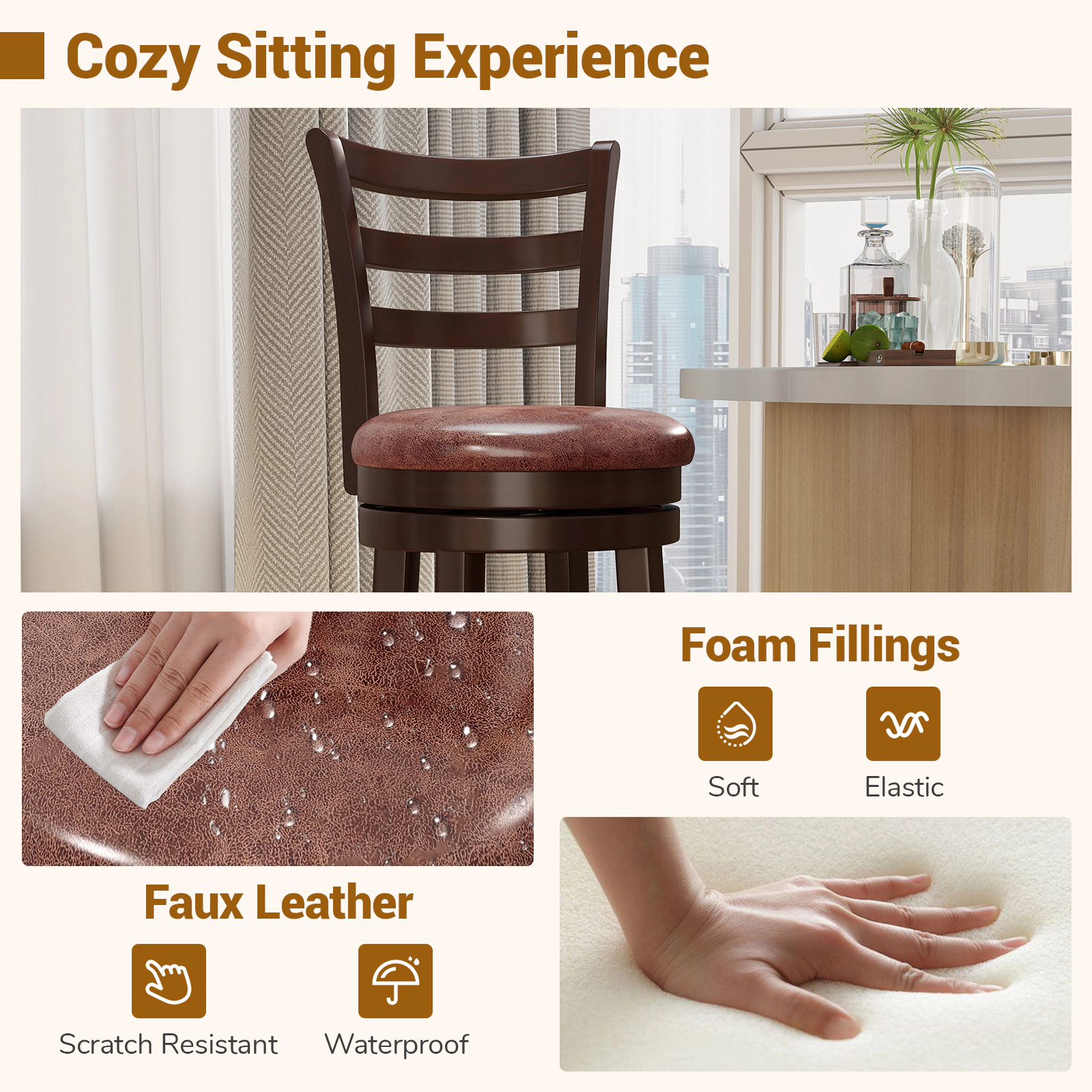 SUGIFT Counter Height 360° Swivel Bar Stools Set of 2 with Faux Leather Seat 400-lb Capacity Cappuccino