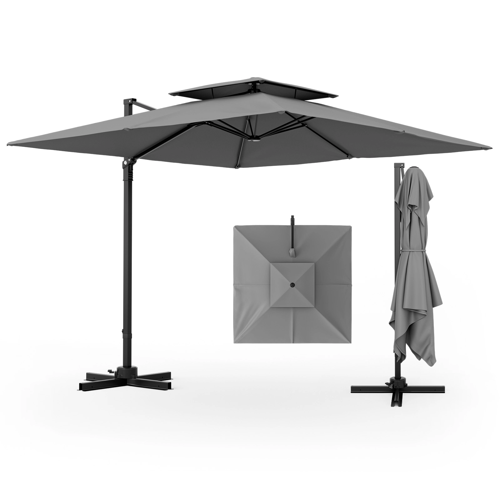 SUGIFT 9.5-ft Gray Offset Cantilever Patio Umbrella with Foot Pedal, 360-Degree Rotation and Vented Double Top