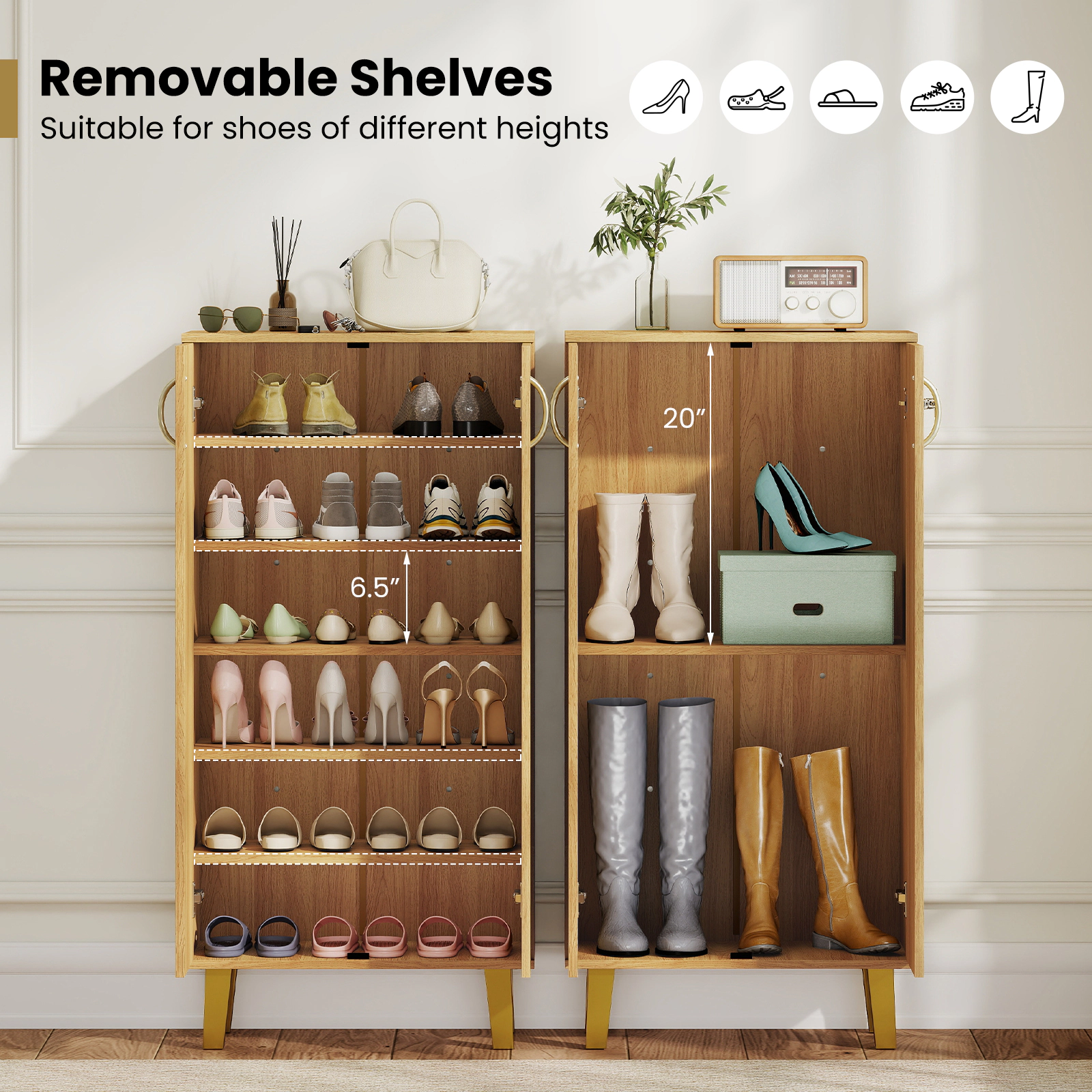 SUGIFT 6-Tier Freestanding Wooden Shoe Cabinet with Doors and Removable Shelves 22-lb Countertop Capacity Natural