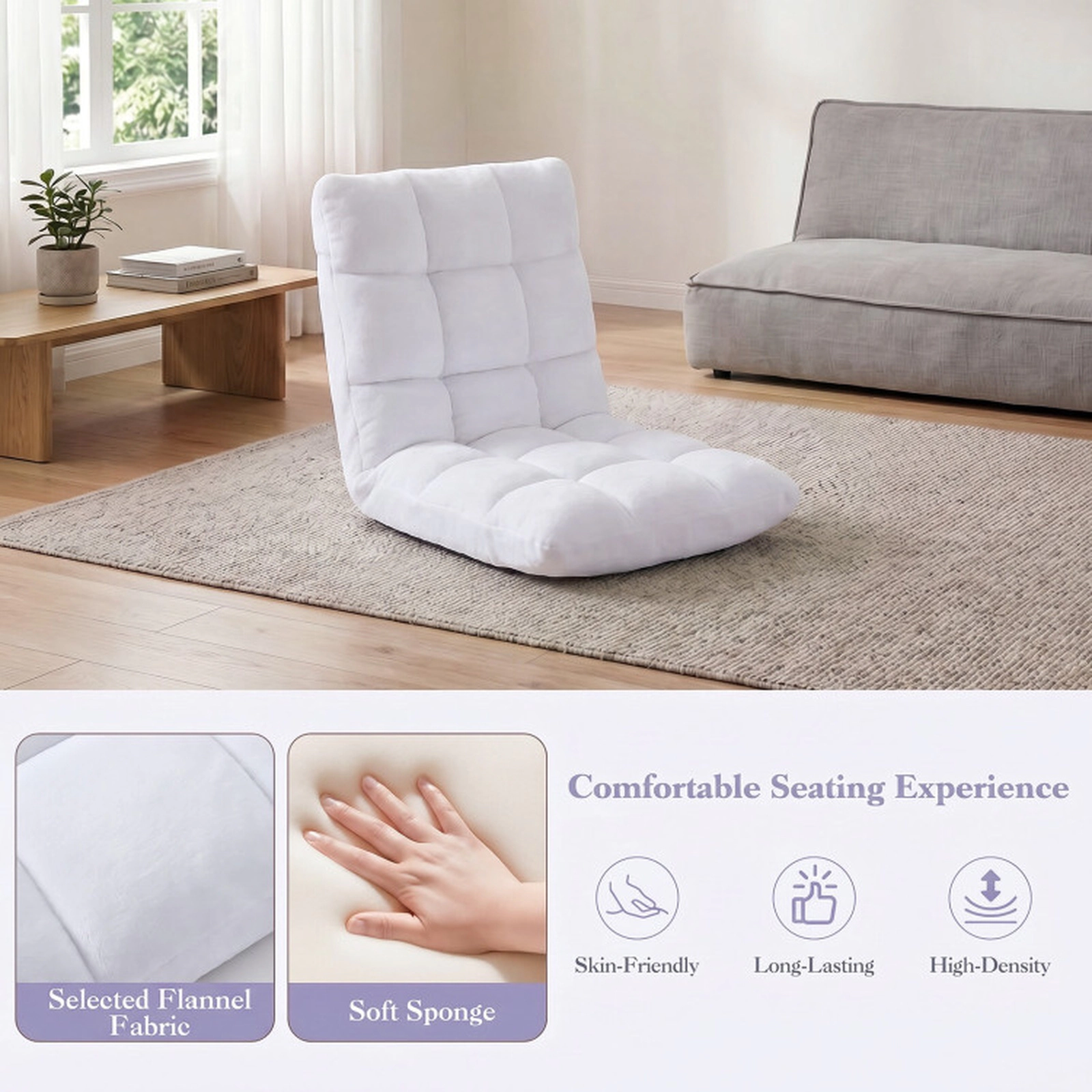 SUGIFT 14-Position 102-180 Degree Recline Padded Flannel Floor Chair 41.5-in x 22-in x 6-in 200-lb Capacity White