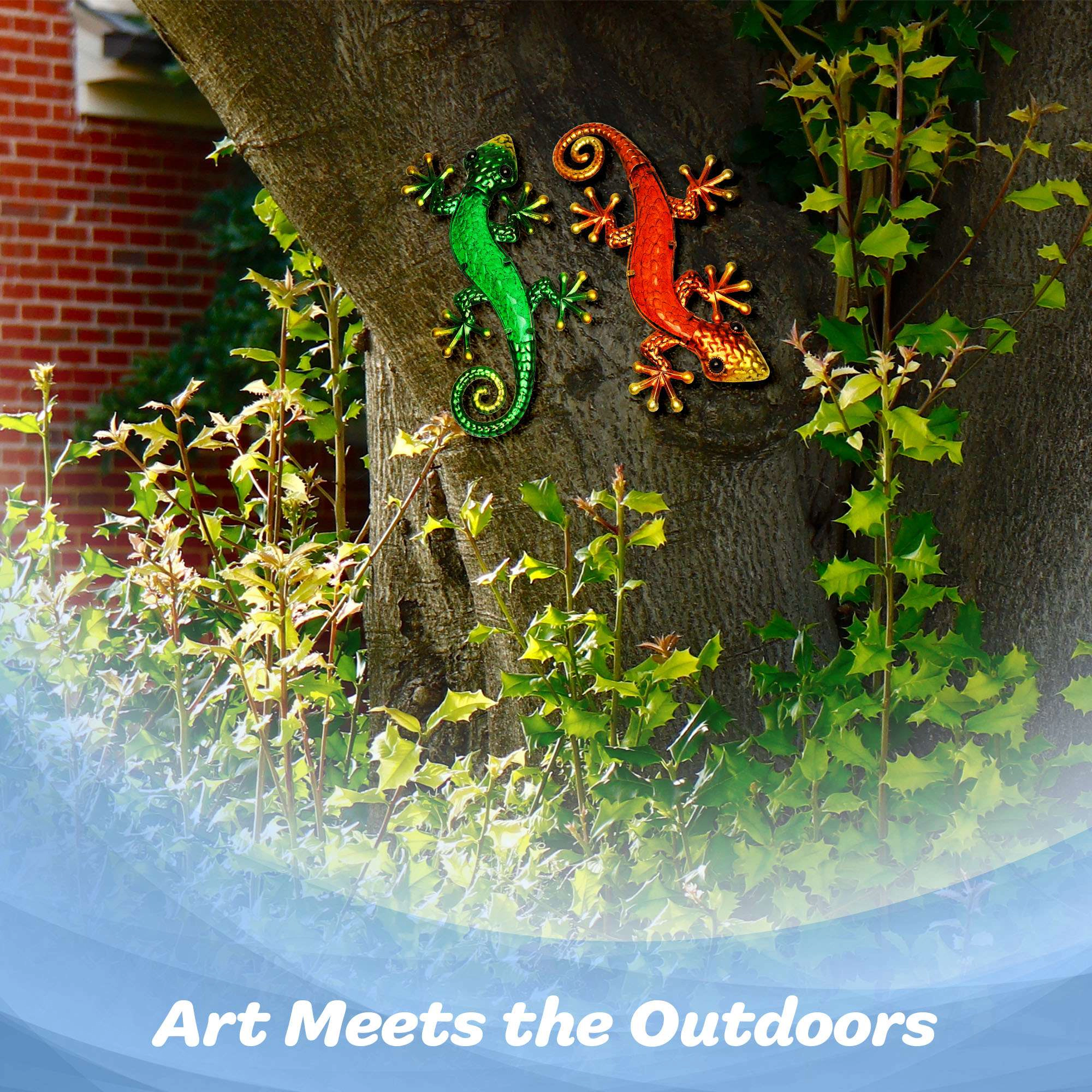 G128 Metal Gecko Wall Art Set of 2 Green & Orange Lizard Sculptures