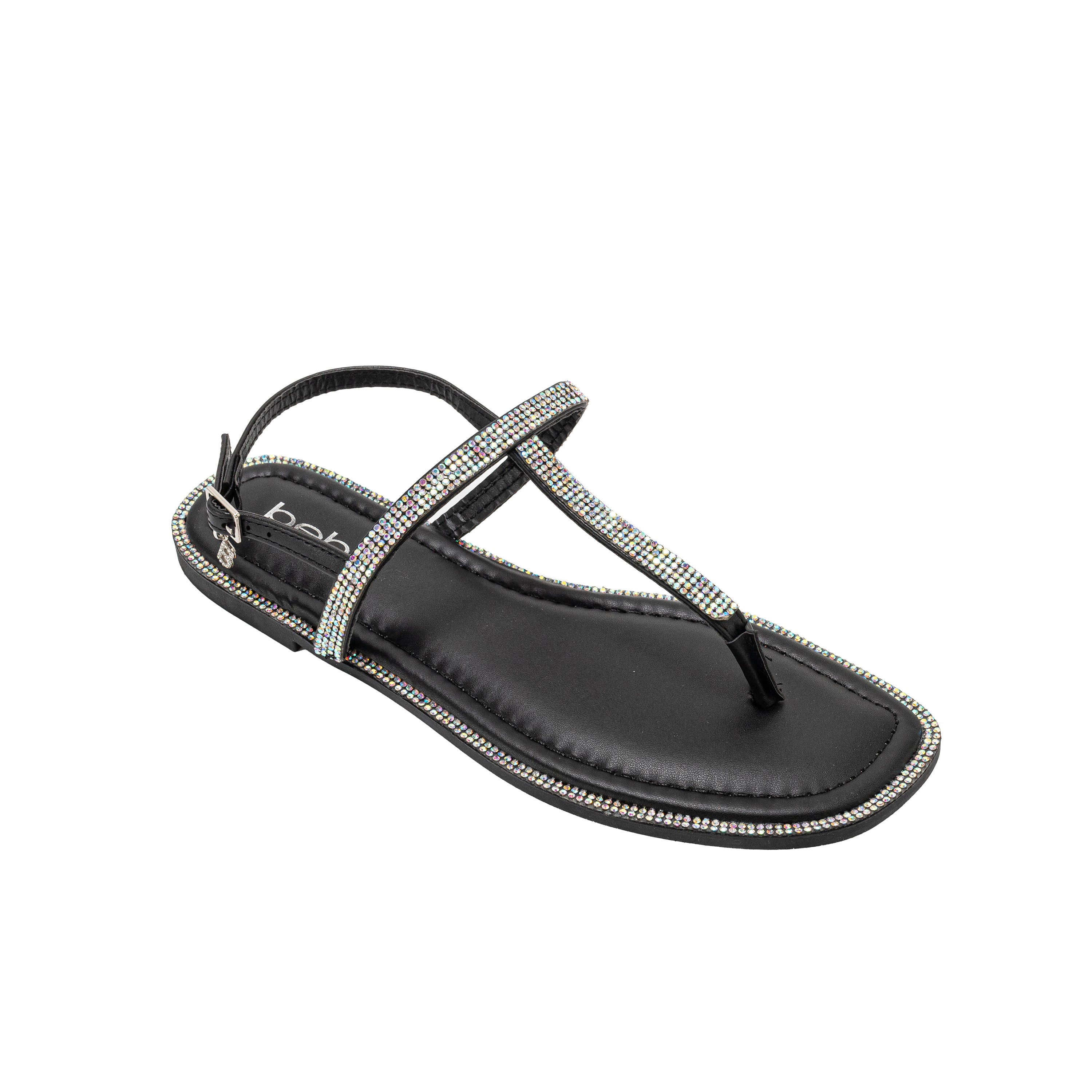bebe Women’s Rhinestone T-Strap Sandals - Flat Thong with Ankle Strap