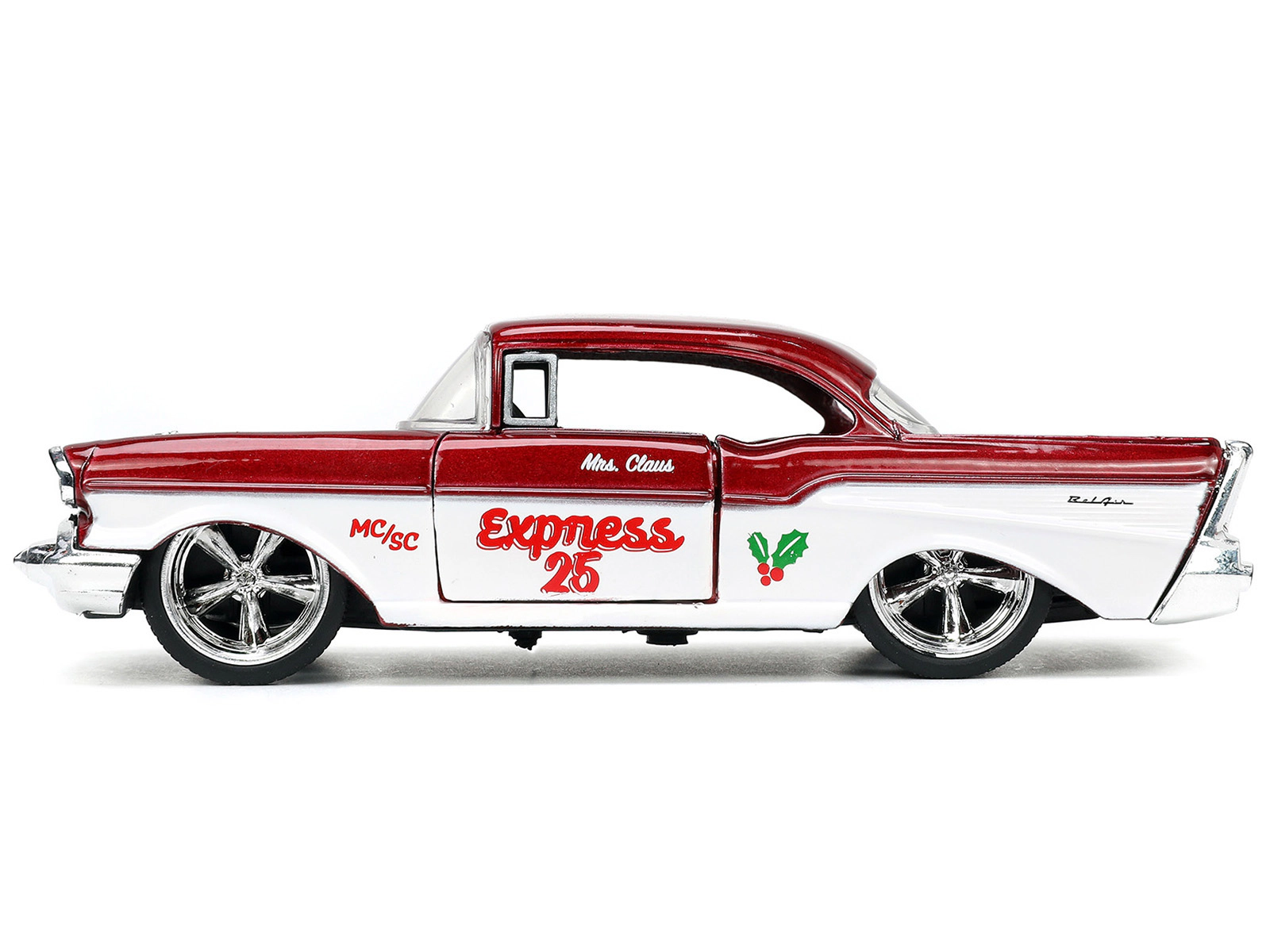Jada 1941 Ford Pickup Truck Red And White "Santa'S Workshop" And 1957 Chevrolet Bel Air Red Metallic And White