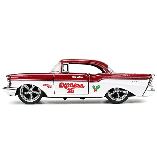 Jada Collectible 1941 Ford Pickup Truck Red And White "Santa'S Workshop" 1957 Chevrolet Bel Air Metallic