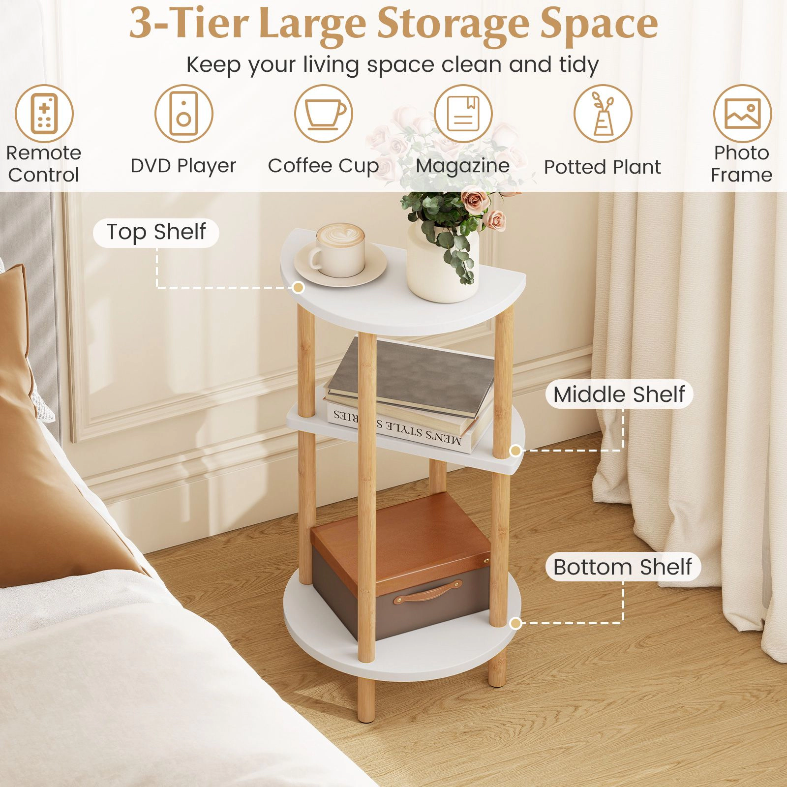 SlickBlue Set of 2 Round Side Tables with 3 Tier Wicker Storage