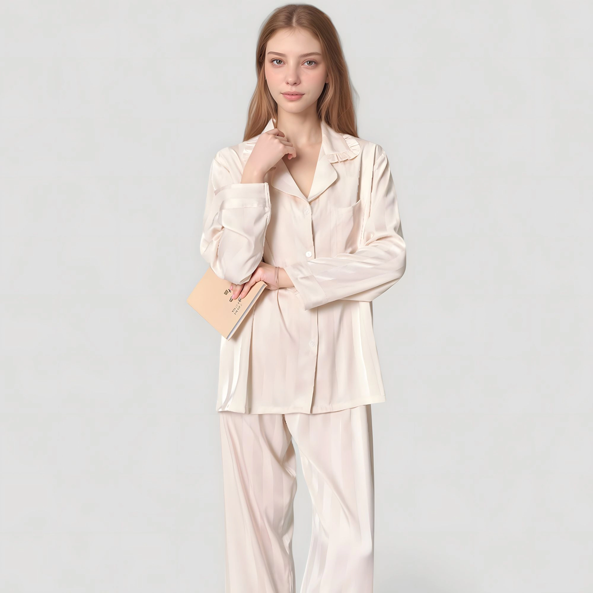 Anna-Kaci Women's Long Sleeve Button Down Satin Pajama Top with Ruffle Collar and Wide Leg Pants Sleepwear Set
