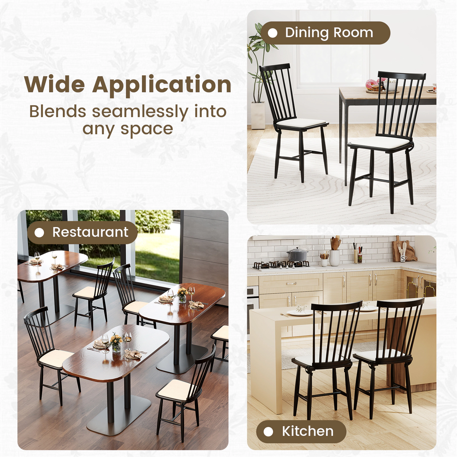 LJG Dining Chairs Set of 2 Farmhouse Solid Rubber Wood Windsor Chairs with Removable Seat Cushions