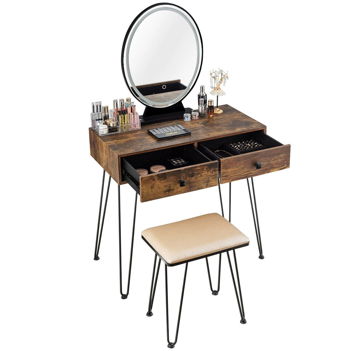 SUGIFT Industrial Makeup Dressing Table with 3 Lighting Modes Vanity and Stool 220-Lb Capacity Rustic Brown