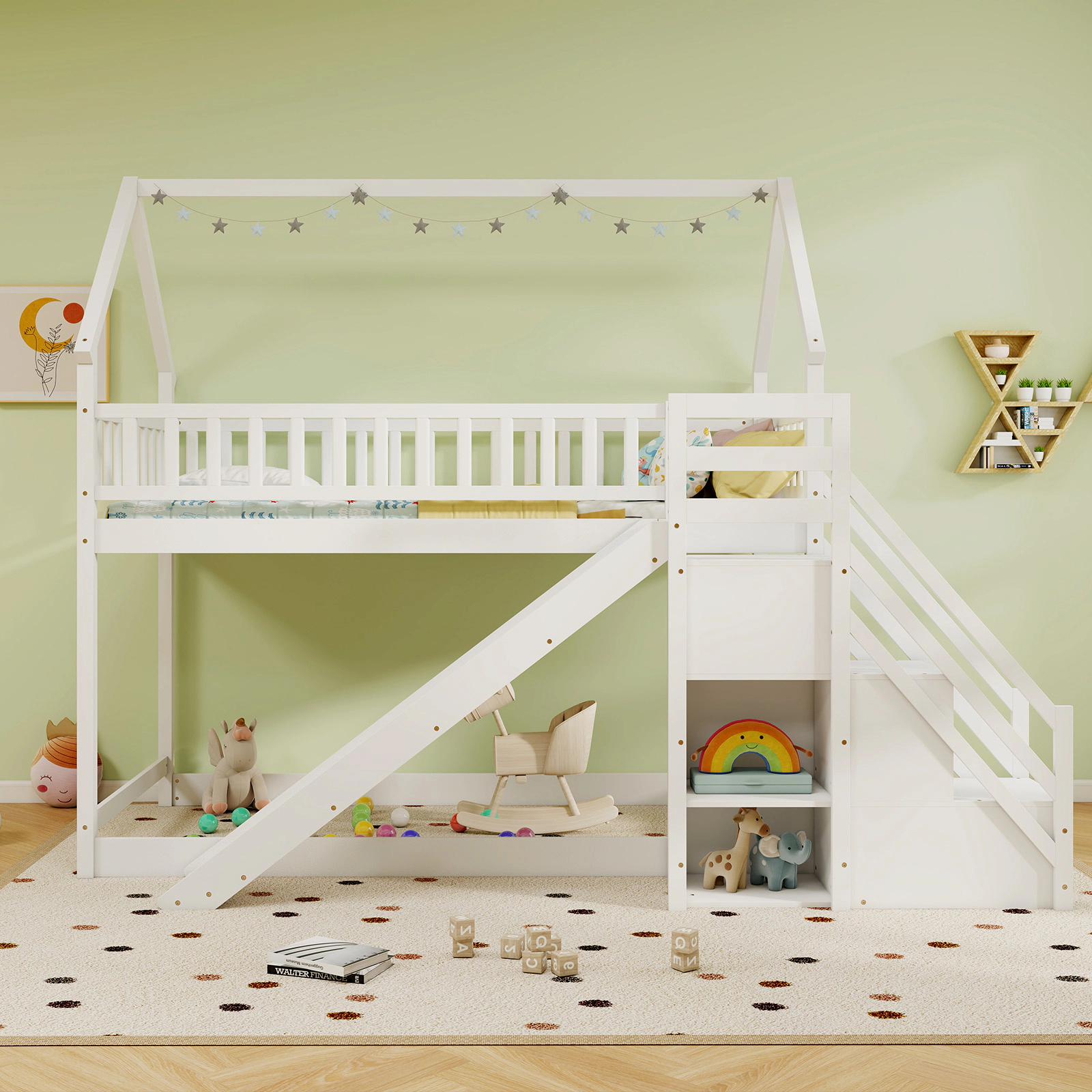 SUGIFT White 63 in Slide Staircase and Storage Shelves Twin Over Twin Kids Bunk Bed