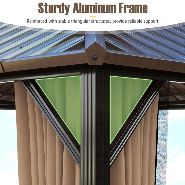 Hivvago Hardtop Gazebo with Netting and Curtain and Double-Roof Galvanized Metal Top