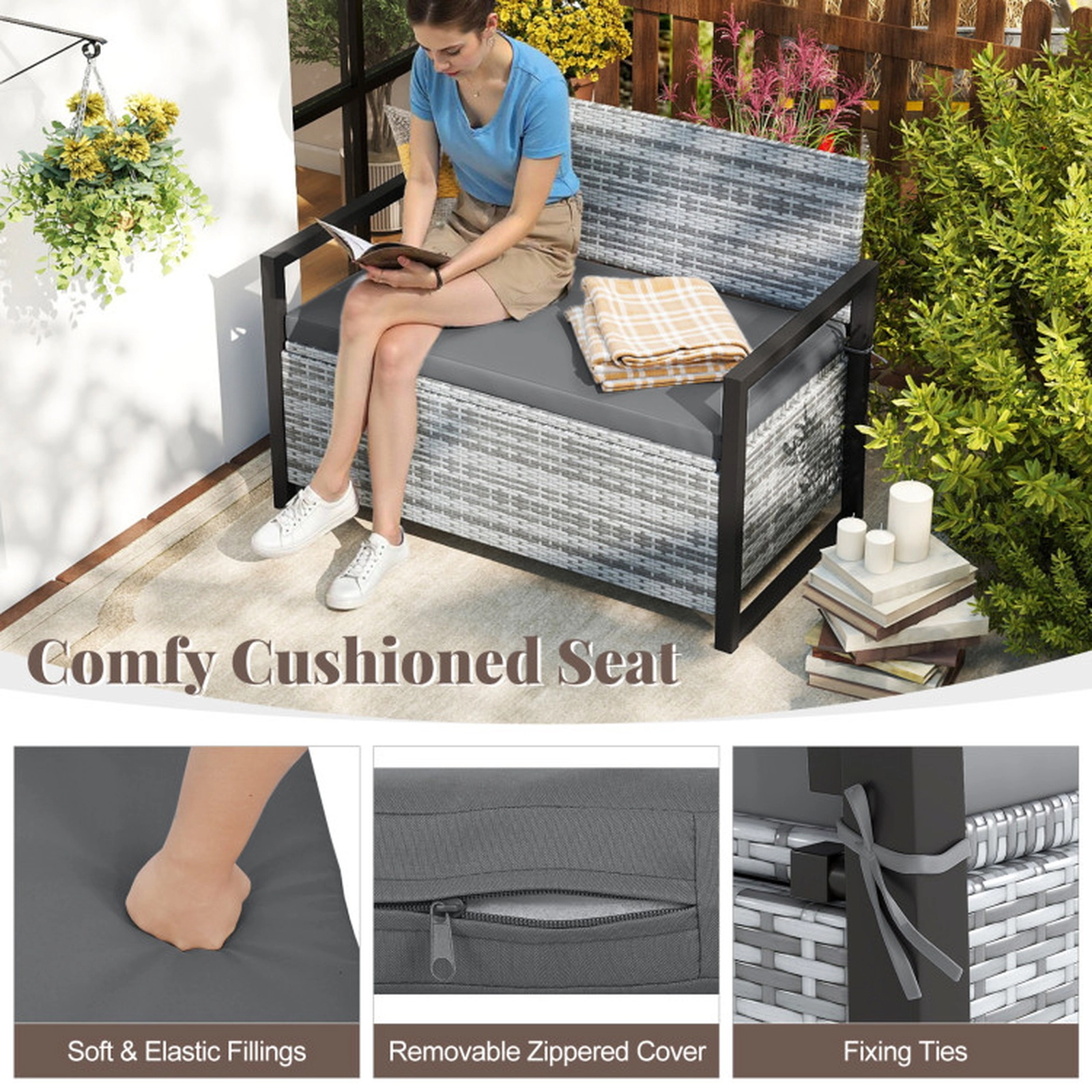 SUGIFT Gray 40-Gallon 800-lb Capacity Wicker Outdoor Storage Bench Loveseat with Cushion and Liner