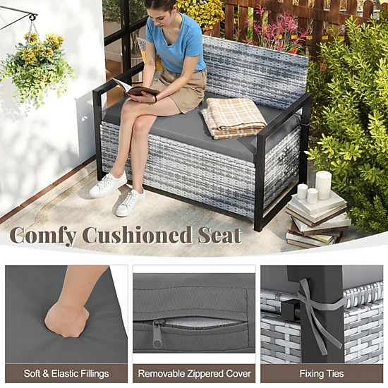 SUGIFT Gray 40-Gallon 800-lb Capacity Wicker Outdoor Storage Bench Loveseat with Cushion and Liner