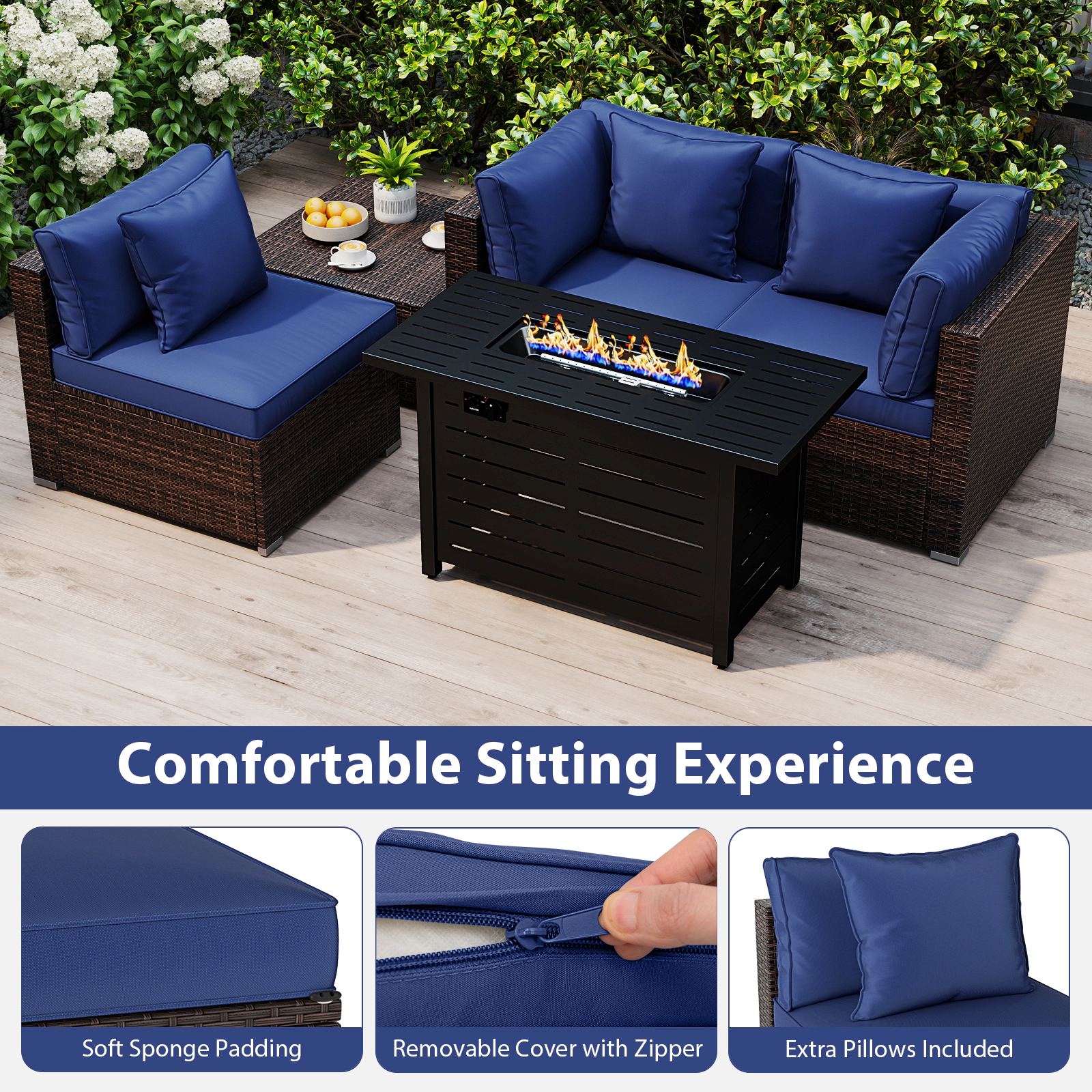 SUGIFT 5-Piece Navy Rattan Patio Sectional Set with 60,000-BTU Fire Pit Table