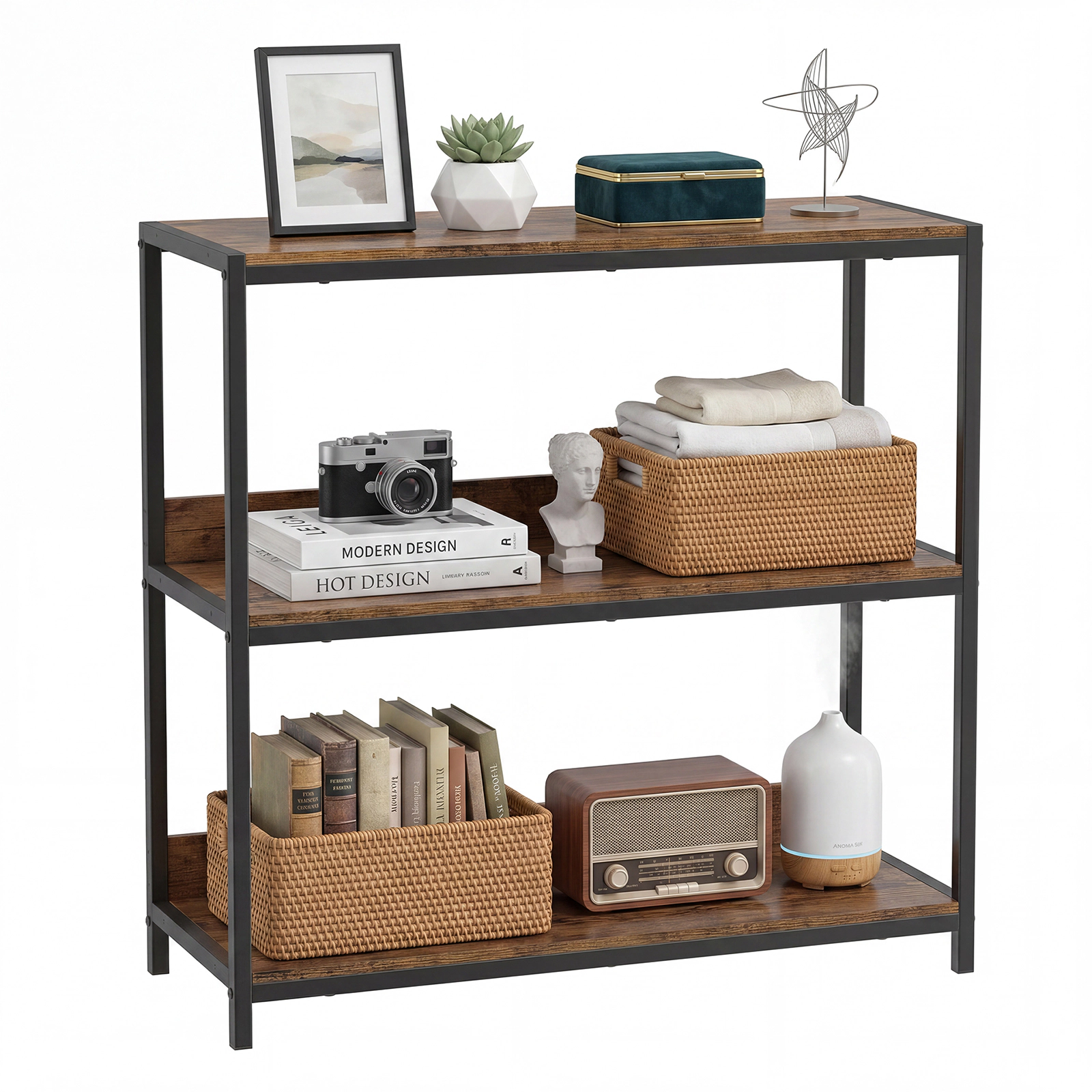 Costway 2 PCS 3-Tier Bookshelf, Industrial Small Bookcase with Wooden Shelves & Metal Frame