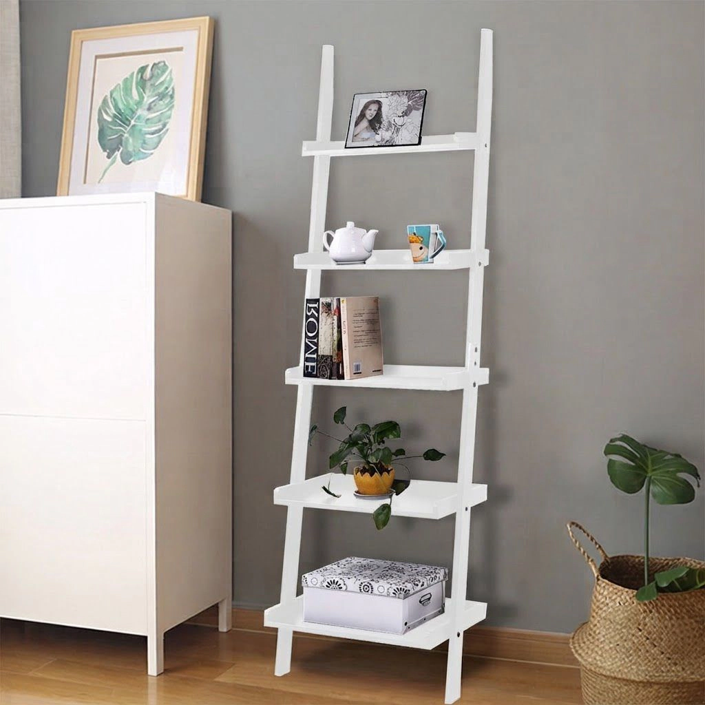 SlickBlue 5-Tier Leaning Ladder Bookcase Wall Shelf with Storage