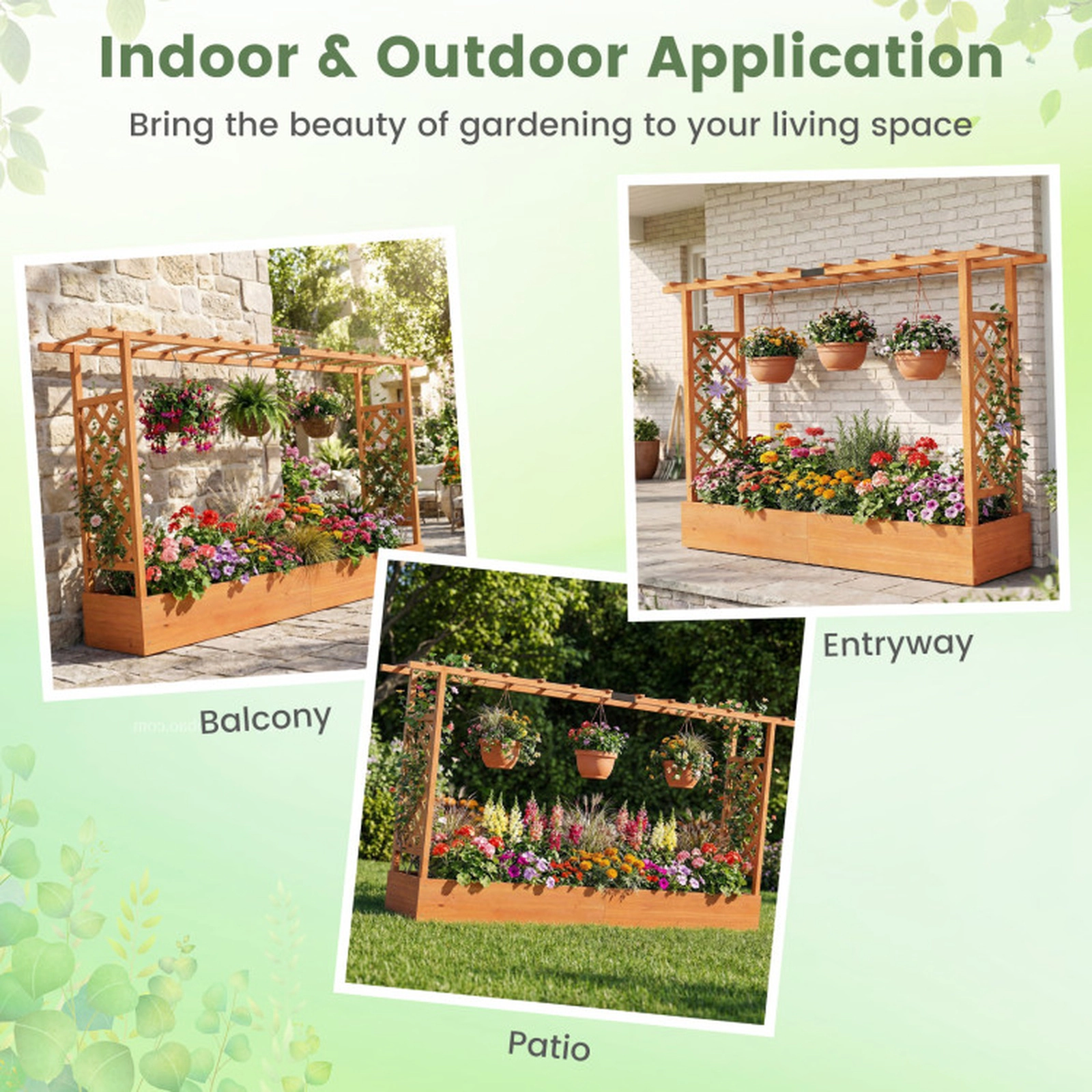 SUGIFT 45-in Tall Fir Wood Planter Raised Garden Bed with Side Trellis and Hanging Roof 110-lb Capacity Natural/Orange