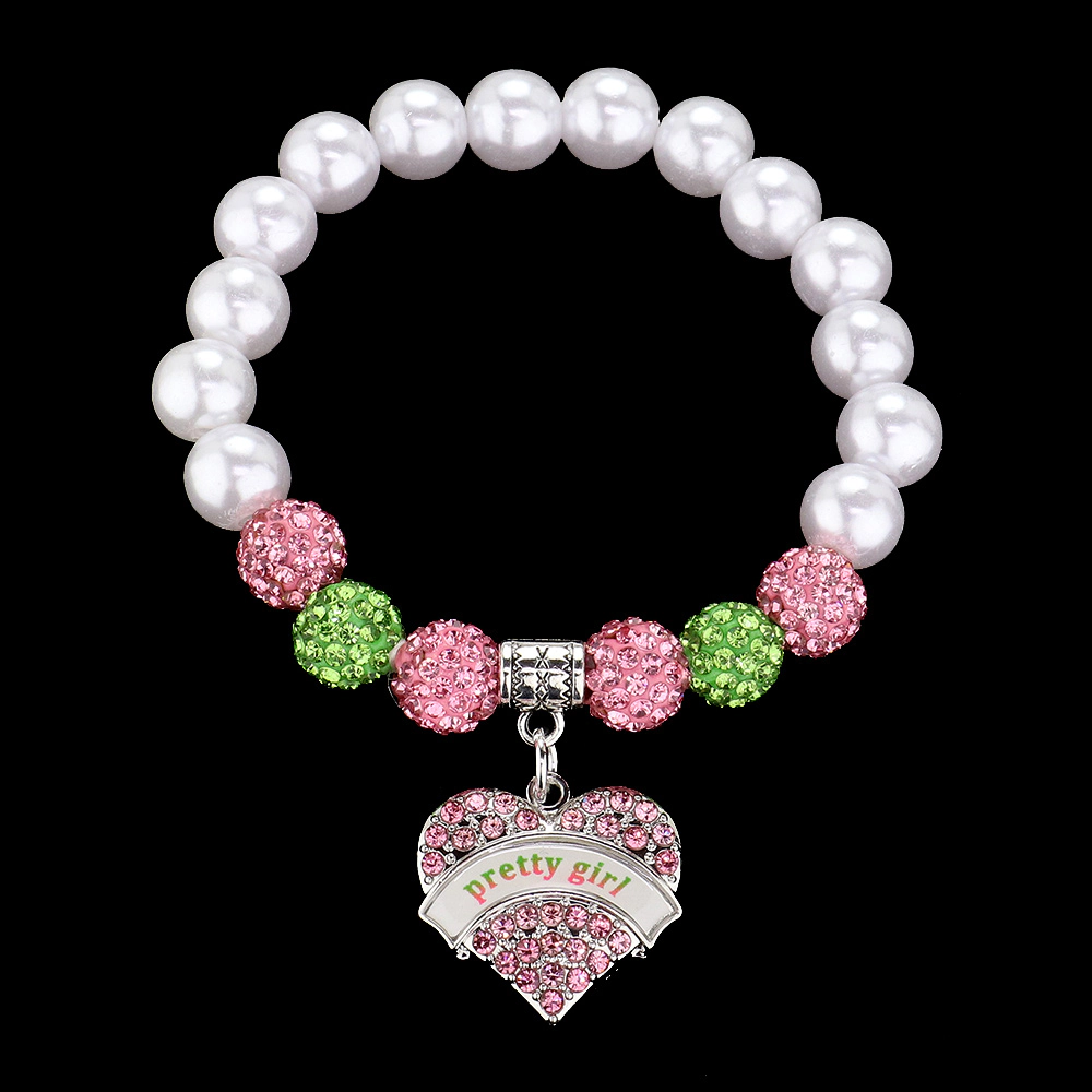 FASHNZFAB Stone Paved Pretty Girl Heart Sorority Charm Pointed Ball Pearl Beaded Stretch Bracelet