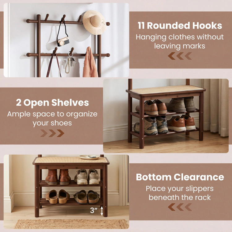 Hivvago Bamboo Hallway Organizer with Rattan-Style Bench, Coat Hooks & Shoe Shelves