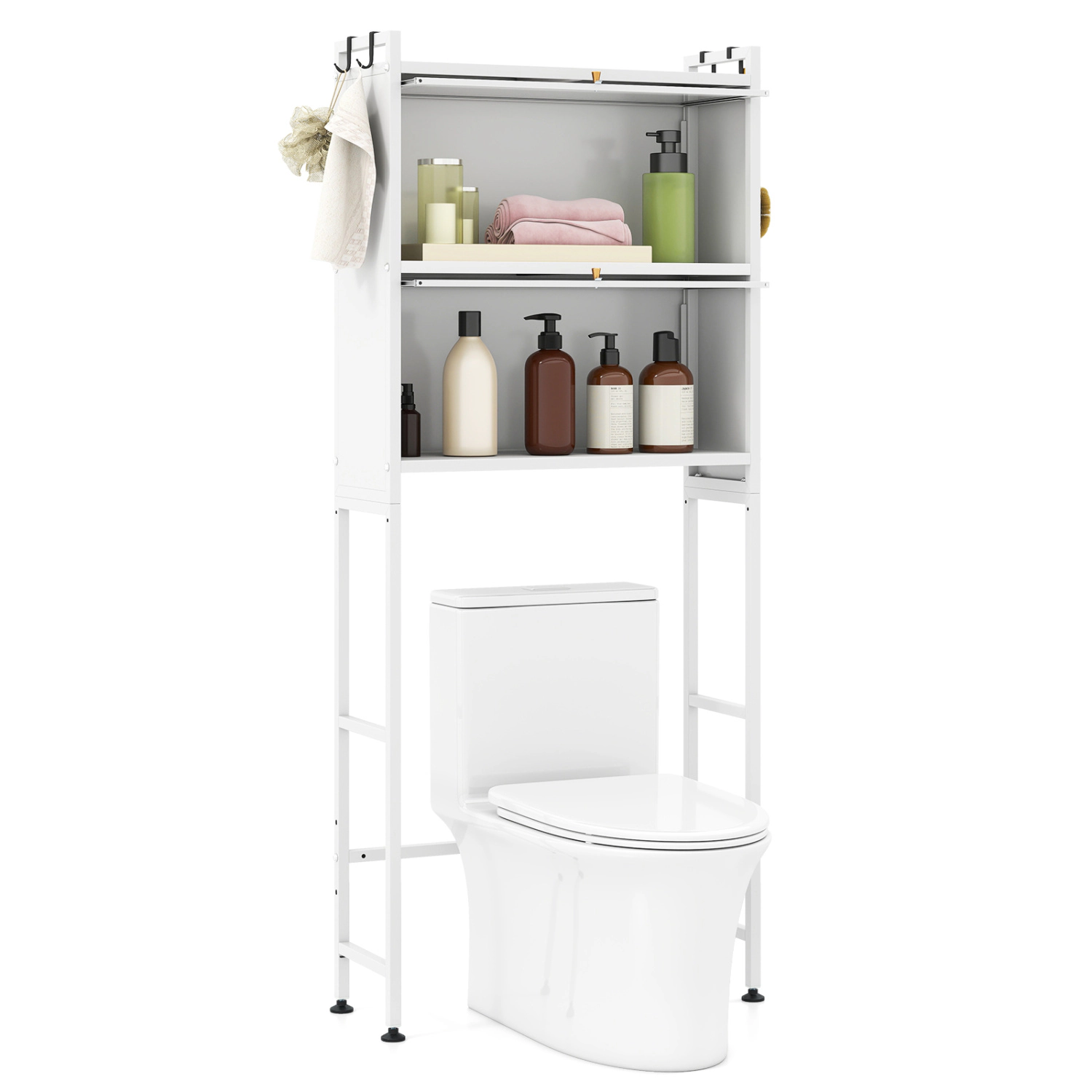 SUGIFT Over the Toilet Storage Cabinet Bathroom Organizer with 2 Flip-Up Doors 4 Hooks and Anti-Tip Kits