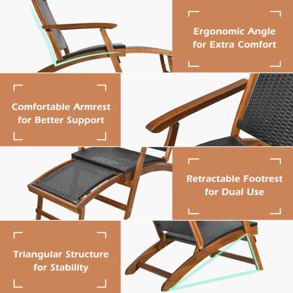 Hivvago Patio Rattan Folding Lounge Chair With Acacia Wooden Frame Retractable Footrest