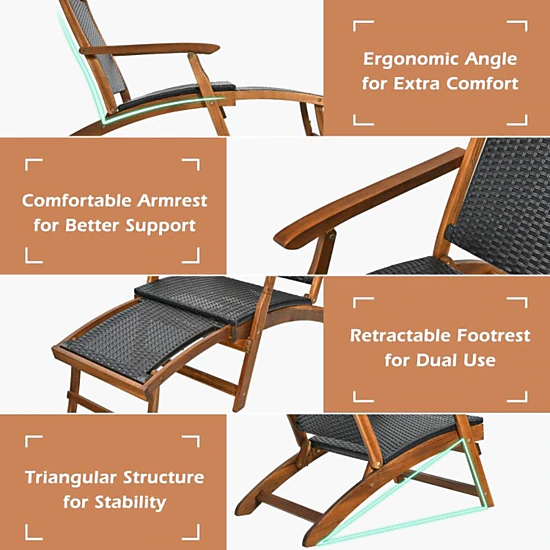 Hivvago Patio Rattan Folding Lounge Chair With Acacia Wooden Frame Retractable Footrest