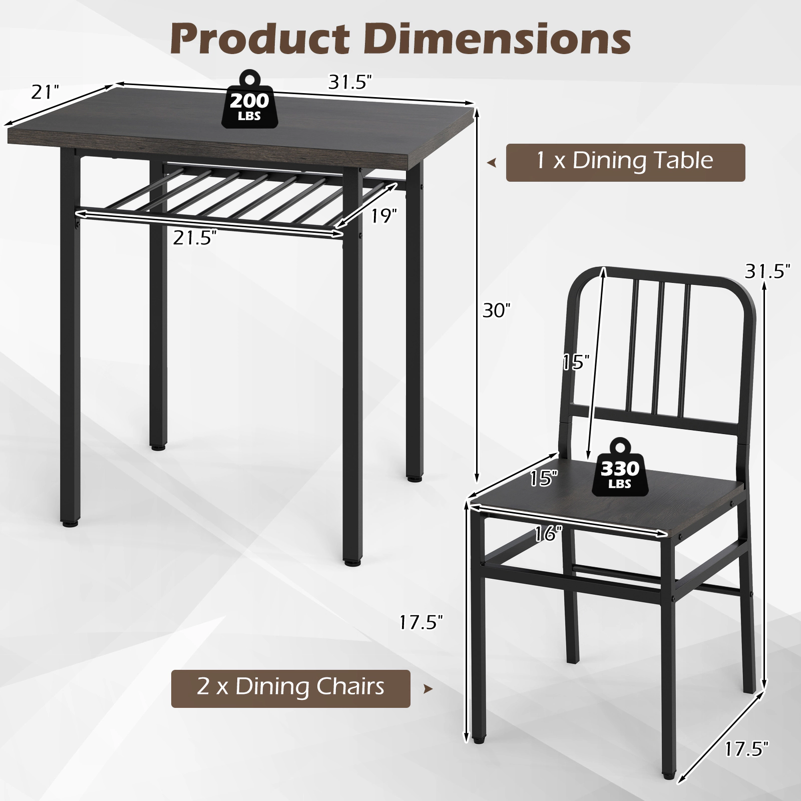 SUGIFT 3-Piece Engineered Wood and Metal Dining Table Set with Storage Shelf 200-lb Table 330-lb Chairs Gray
