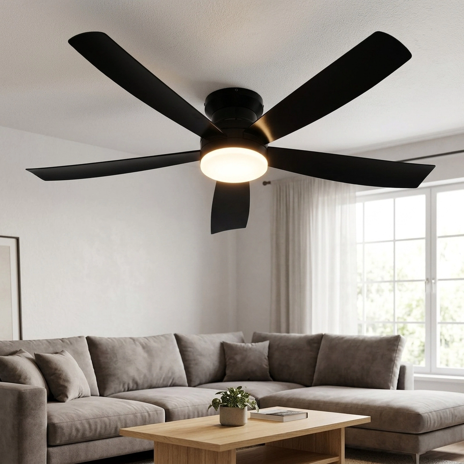 SUGIFT 52-in 5-Blade Flush Mount Ceiling Fan 3CCT LED Light Remote Control 6 Speeds Reversible Motor Black