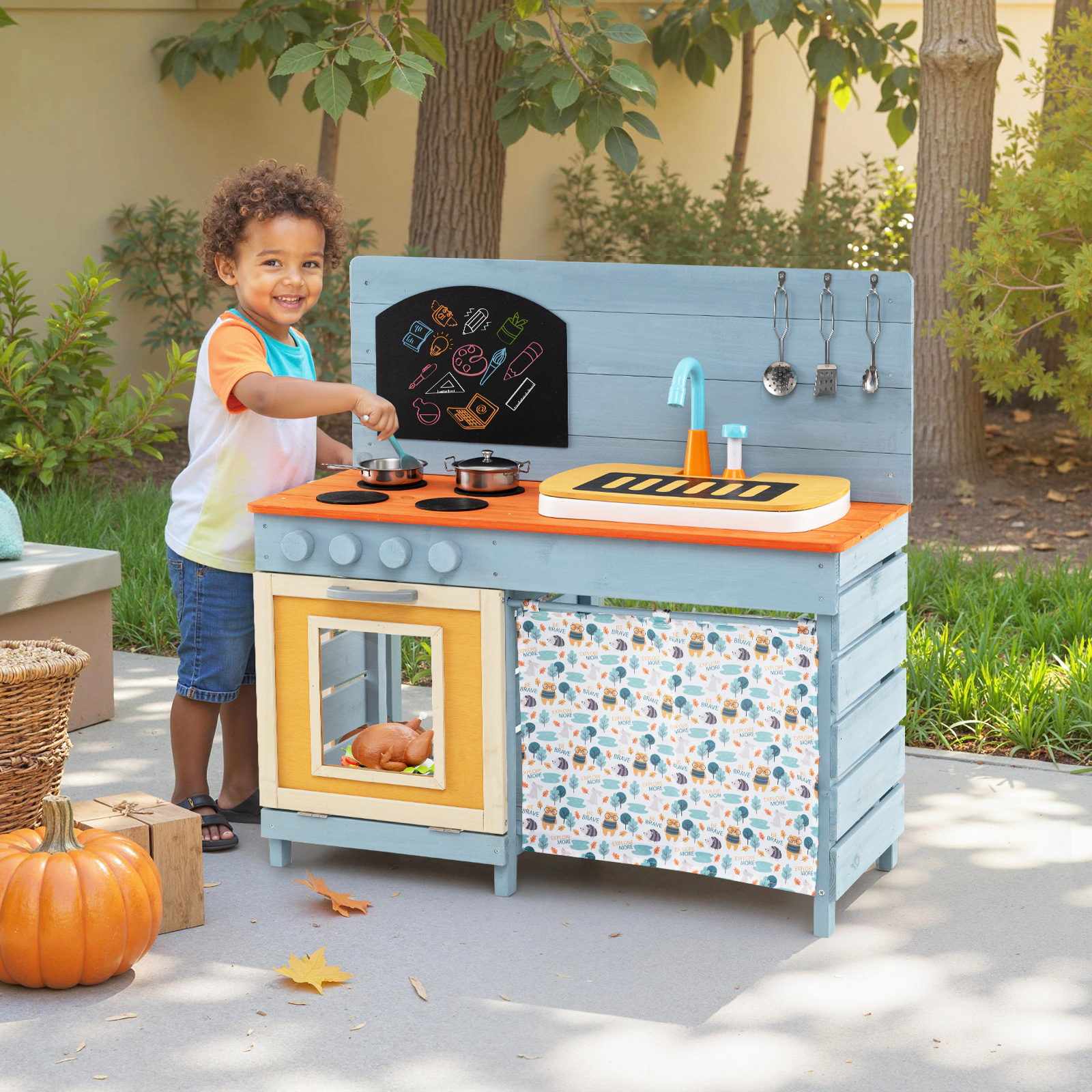 SUGIFT Blue Removable Circulation Faucet and Chalkboard Kids Wooden Toy Kitchen Playset