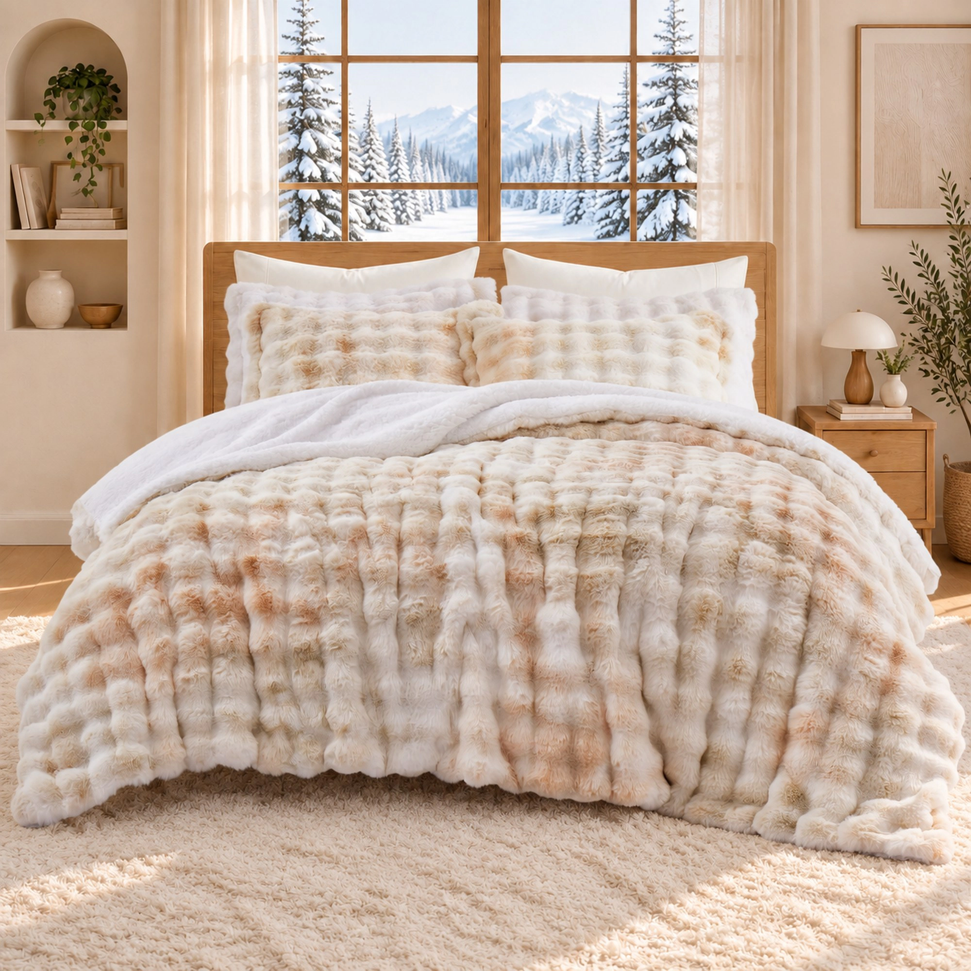 PEACENEST 3-Piece Reversible Plush Comforter Set with Sherpa Reverse and 2 Pillow Shams