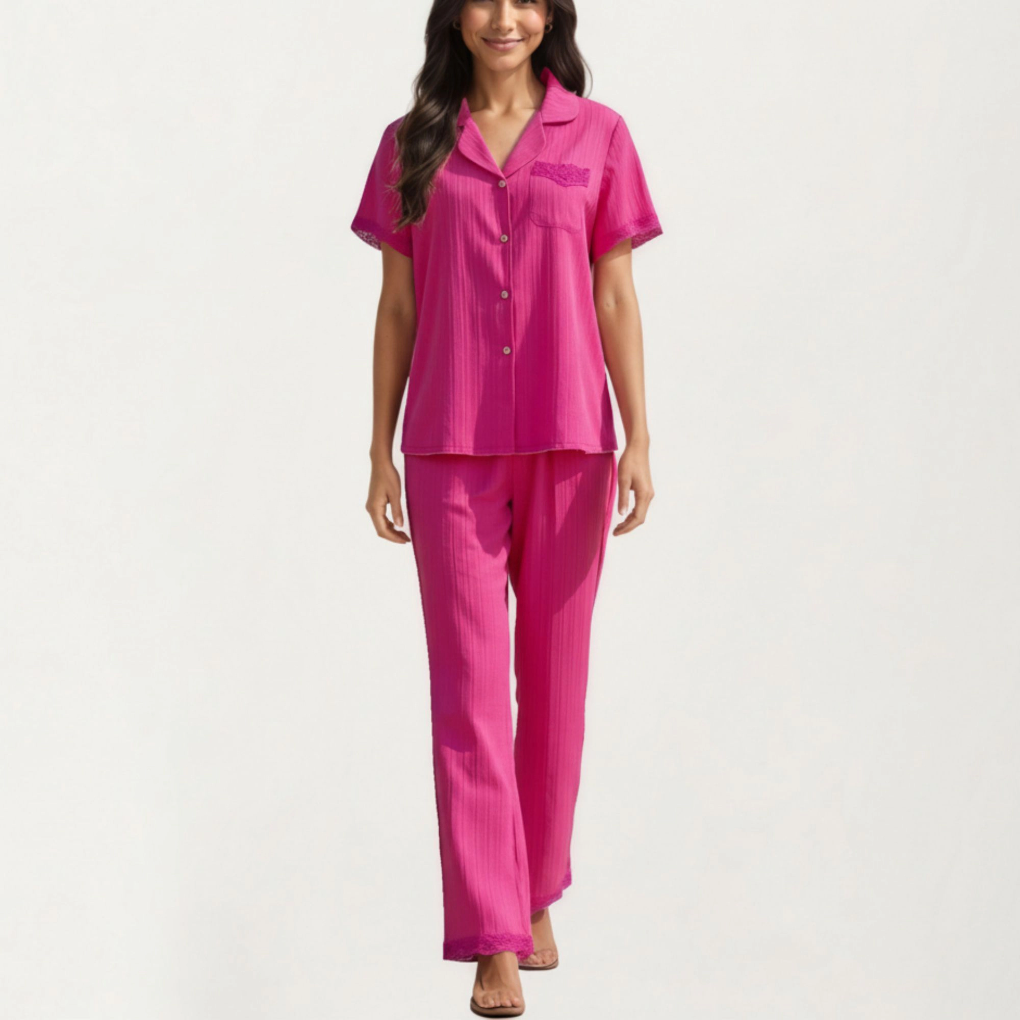 Anna-Kaci Women's Short Sleeve Pajama Set with Button Up Top Lace Trim Sleeves Chest Pocket and Relaxed Fit Lounge Pants