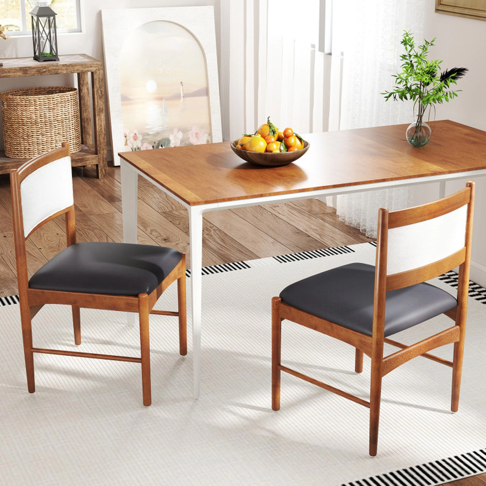 SUGIFT Walnut Wooden Rubber Wood Frame Faux Sherpa Backrest Set of 2 Dining Chairs