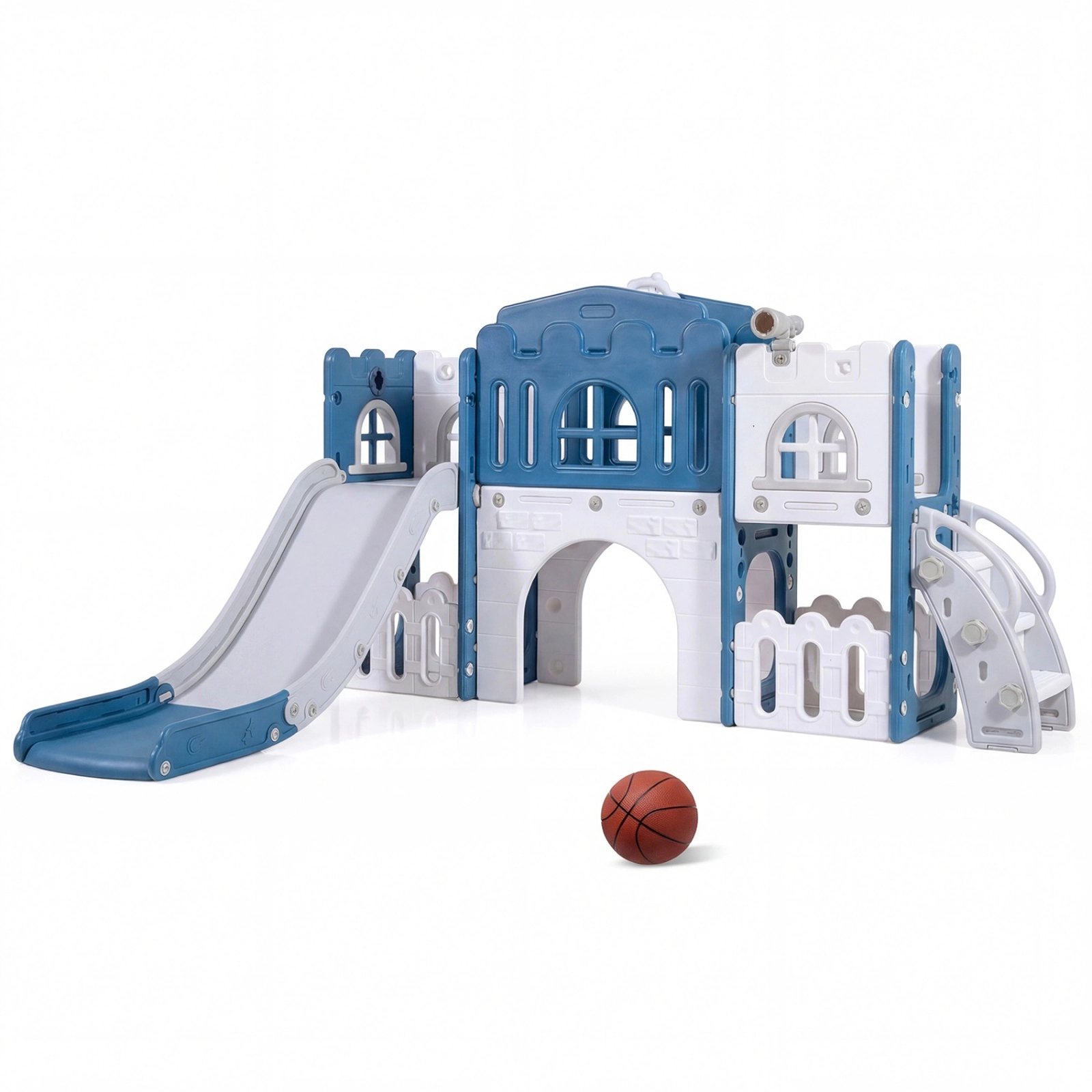 SUGIFT Toddler Blue All-in-1 Slide Playset with Tunnel and Basketball Hoop 70-in W 40.5-in H 110-lb Child Capacity